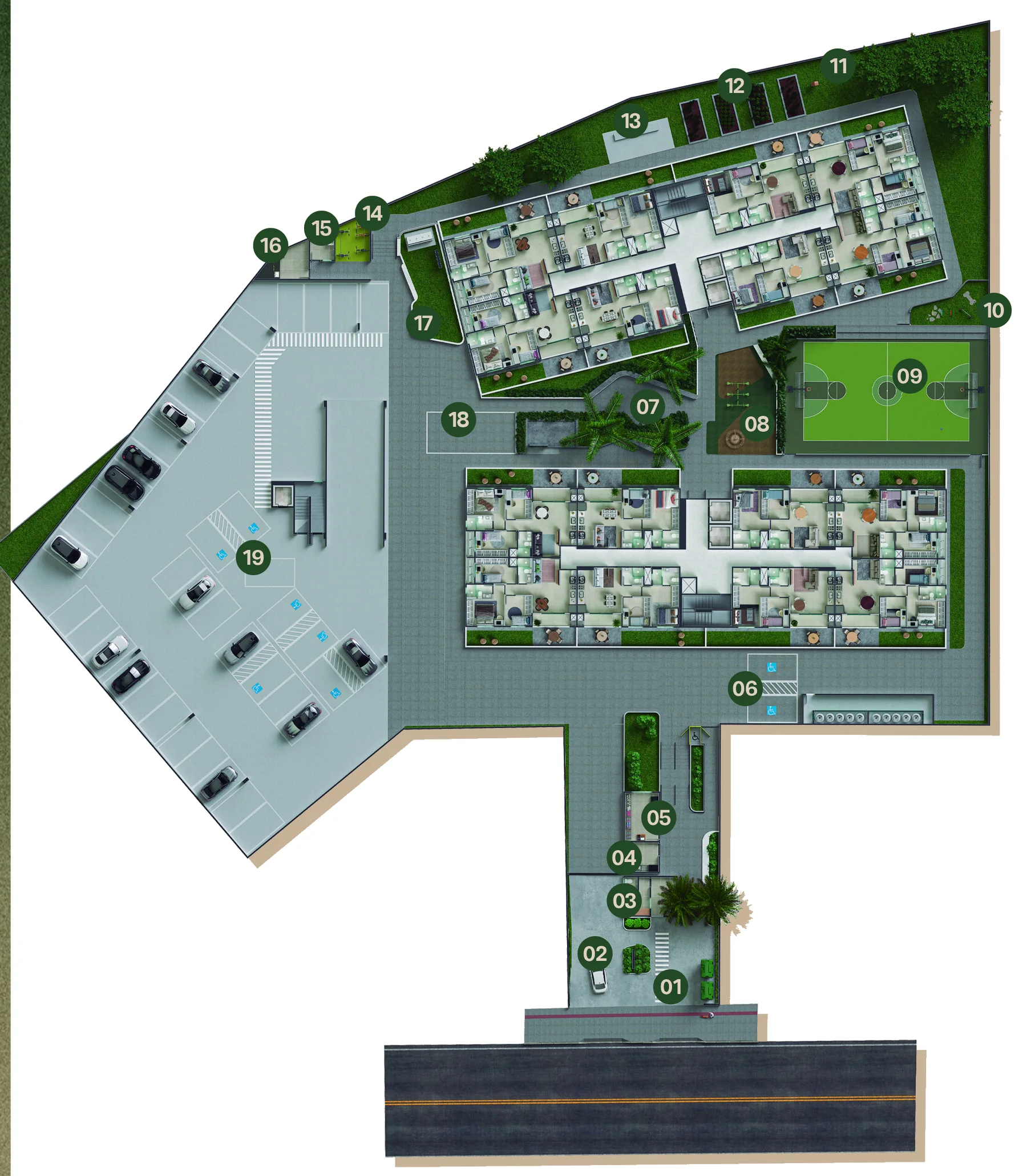 Implantação humanizada do térreo do Lumme Residence com boulevard, quadra, playground, pet place, pomar e horta