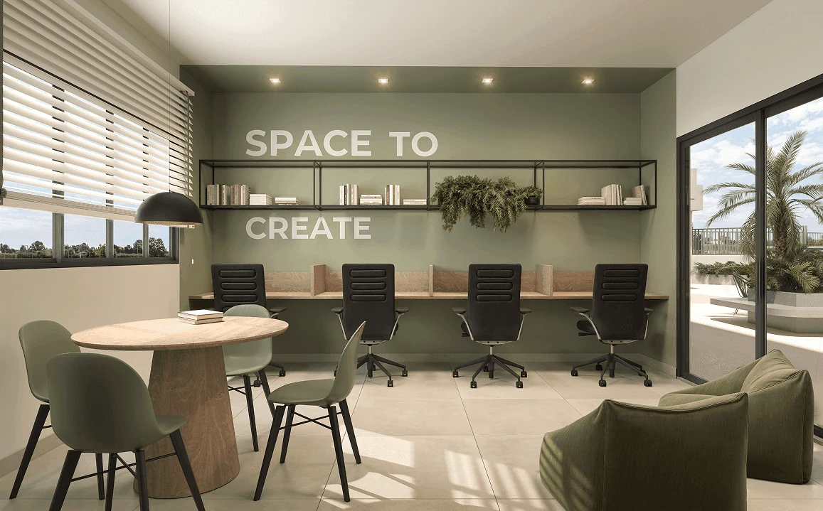 Coworking com mesas de trabalho e sala de reunião no condomínio Lumme
