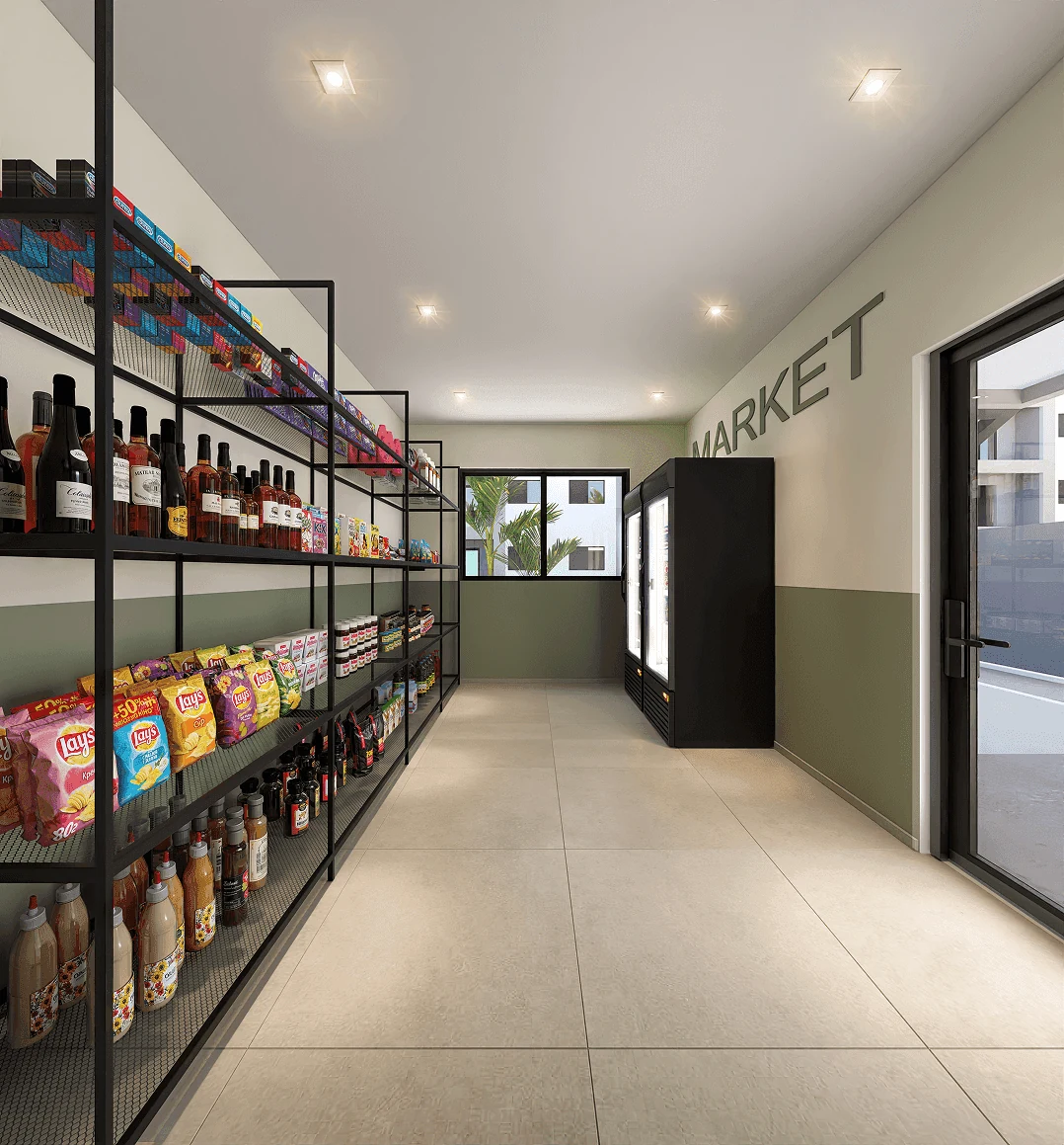 Marketplace com prateleiras de conveniência dentro do condomínio Lumme