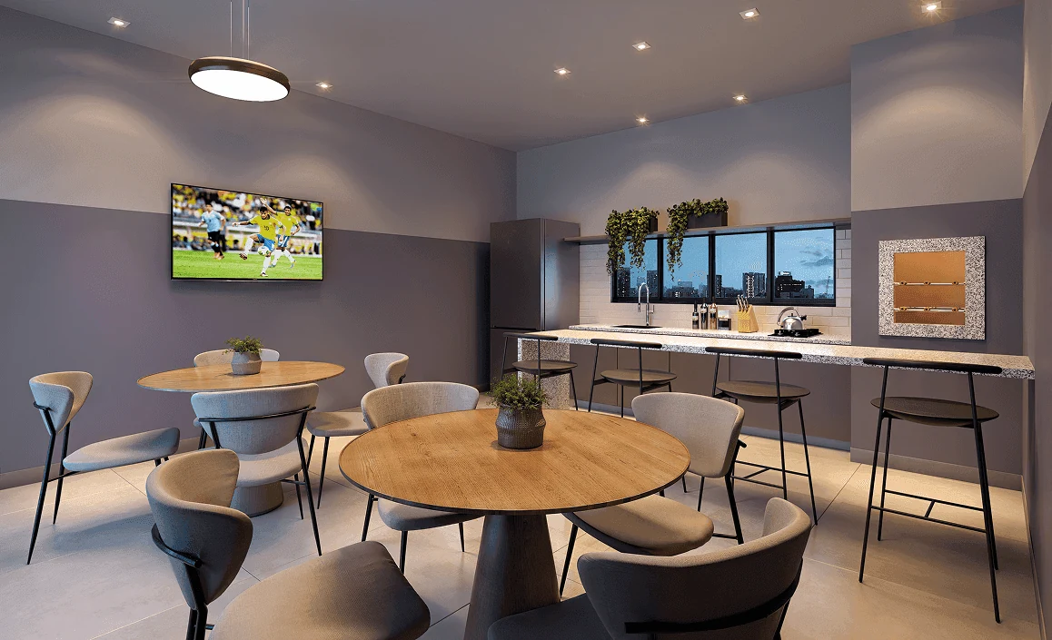 Sport pub com TV e mesas redondas no rooftop do Lumme Residence