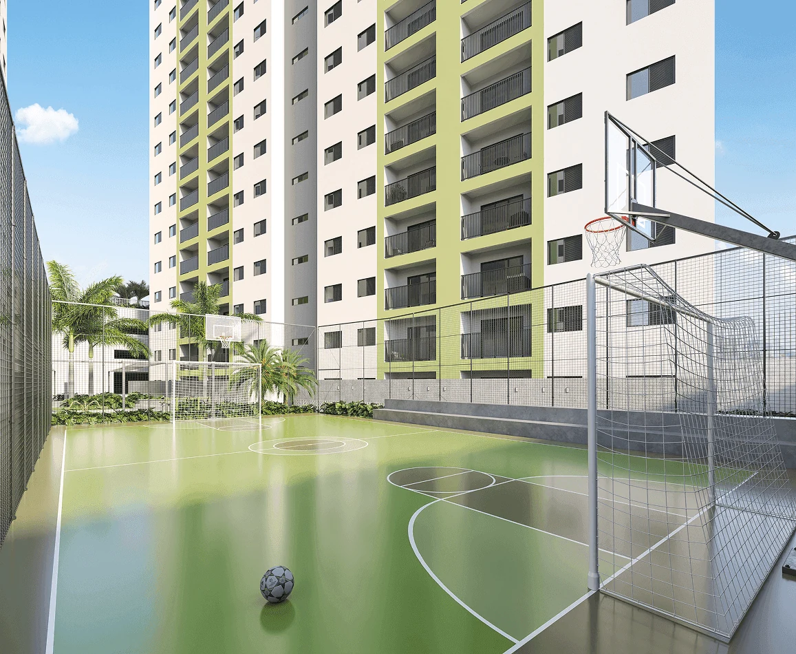 Quadra poliesportiva com tabela de basquete no térreo do Lumme em Maringá