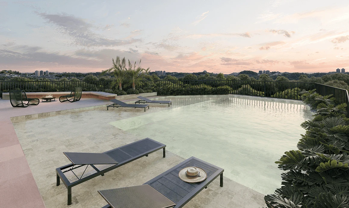 Piscina rooftop do Lumme GRP em Maringá ao pôr do sol