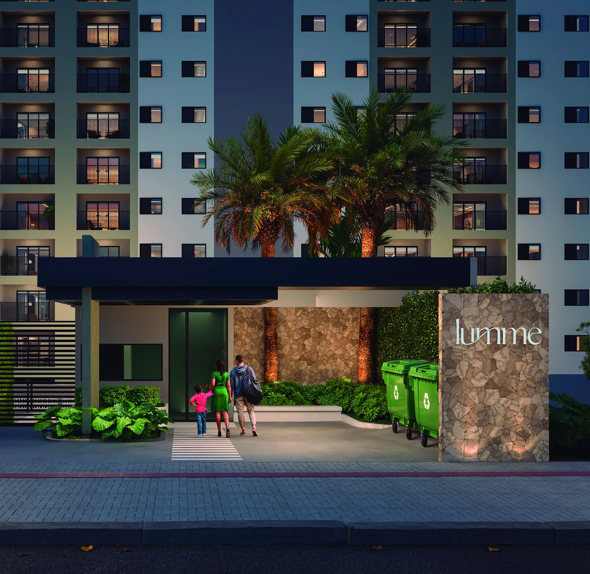 Portaria e acesso de pedestres do Lumme Residence à noite, com paisagismo tropical, na Rua Quintino Bocaiúva em Maringá