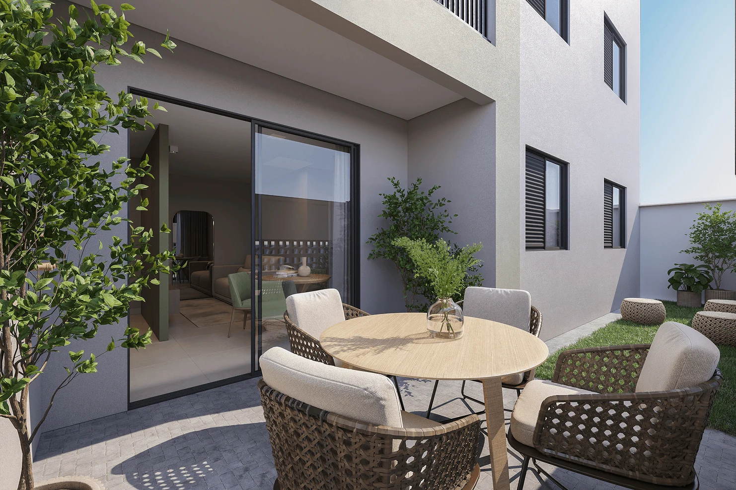 Garden com área privativa, mesa externa e gramado no Lumme GRP Construtora.