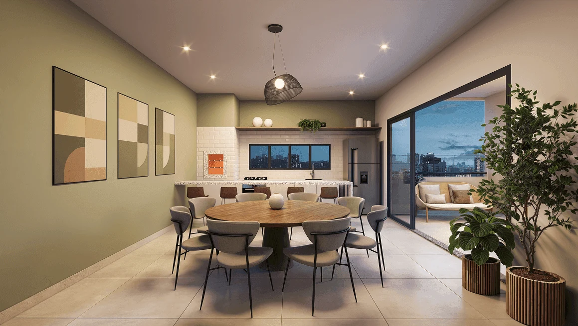 Gourmet com mesa para oito lugares e vista noturna na planta Lumme GRP.