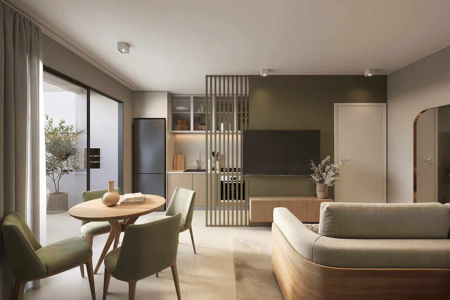 Sala de estar com parede em verde oliva e home theater no Lumme GRP Maringá.