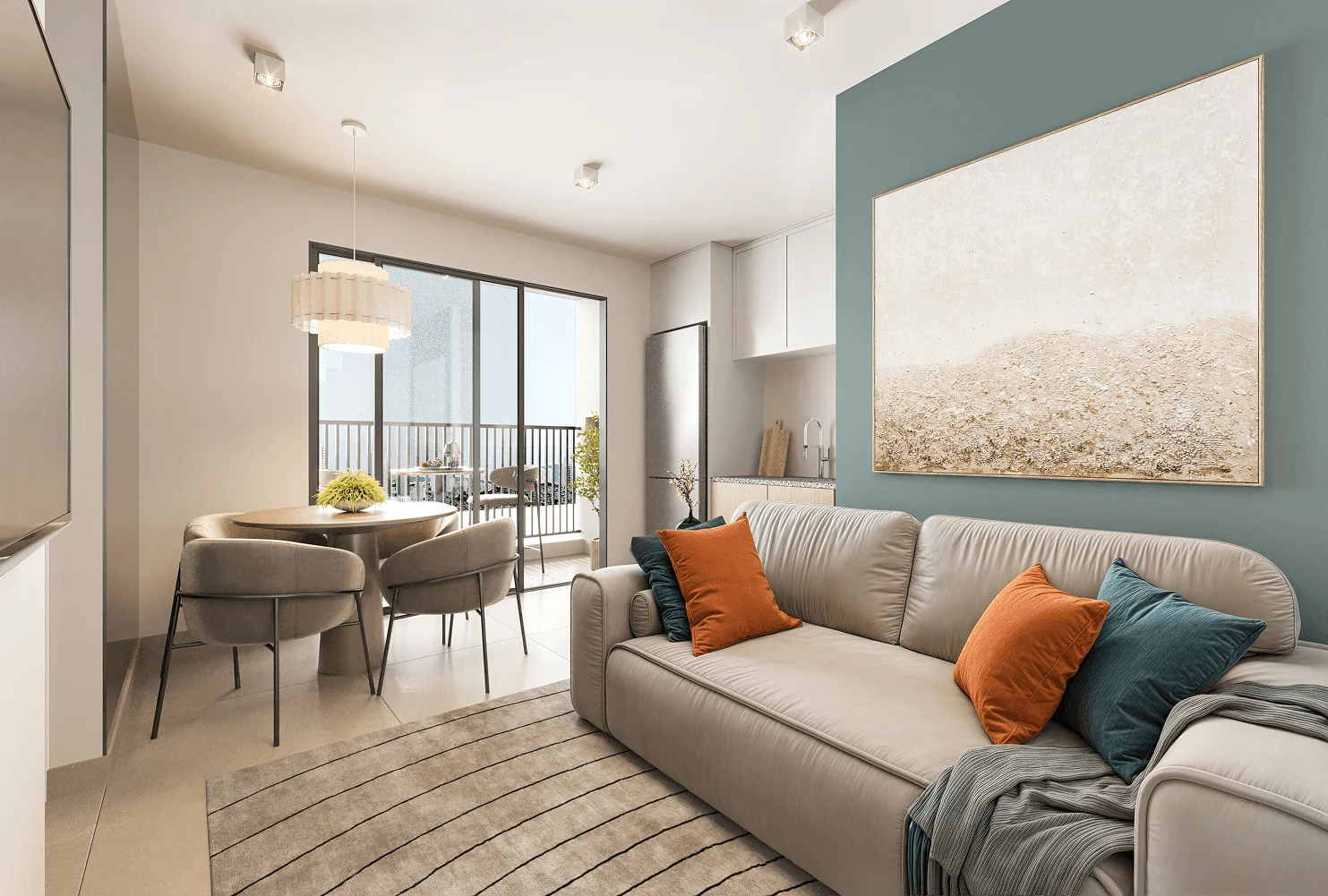 Ambiente social com parede em teal e arte abstrata no apartamento Lumme.