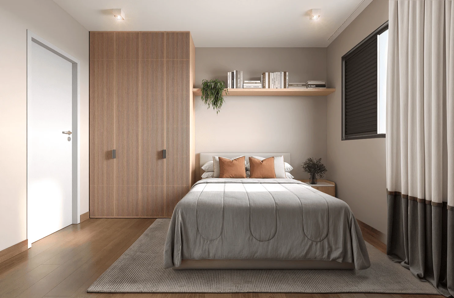 Suíte casal com guarda-roupa ripado e roupa de cama premium no Lumme.
