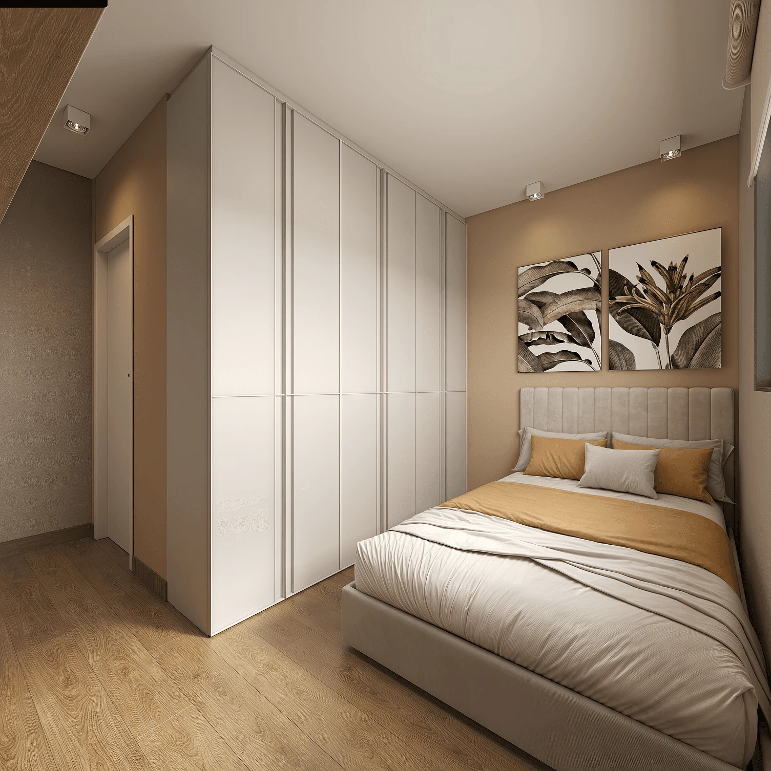 Quarto casal com detalhes em mostarda e roupeiro branco no Lumme GRP.