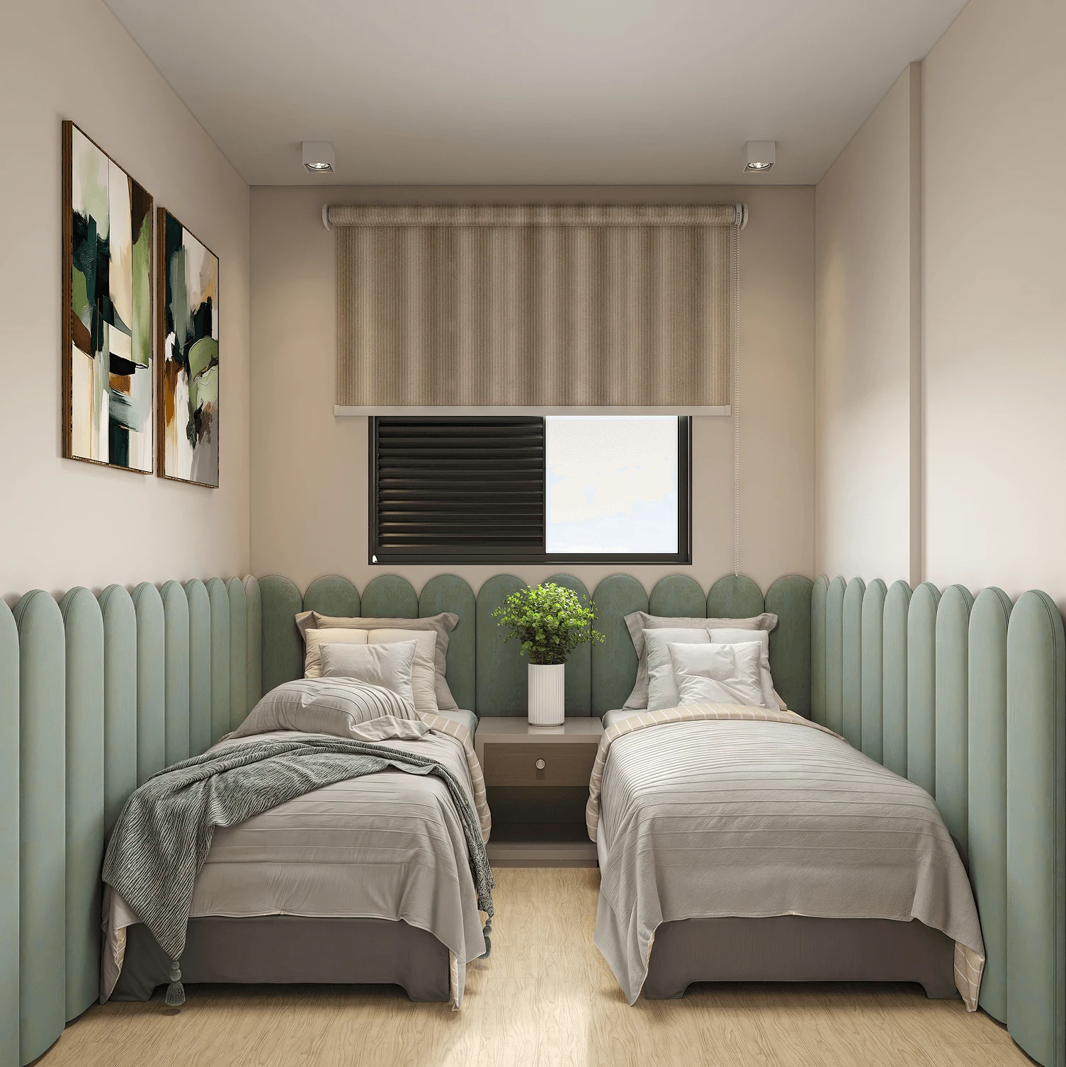 Quarto com duas camas e cabeceira verde no apartamento Lumme.