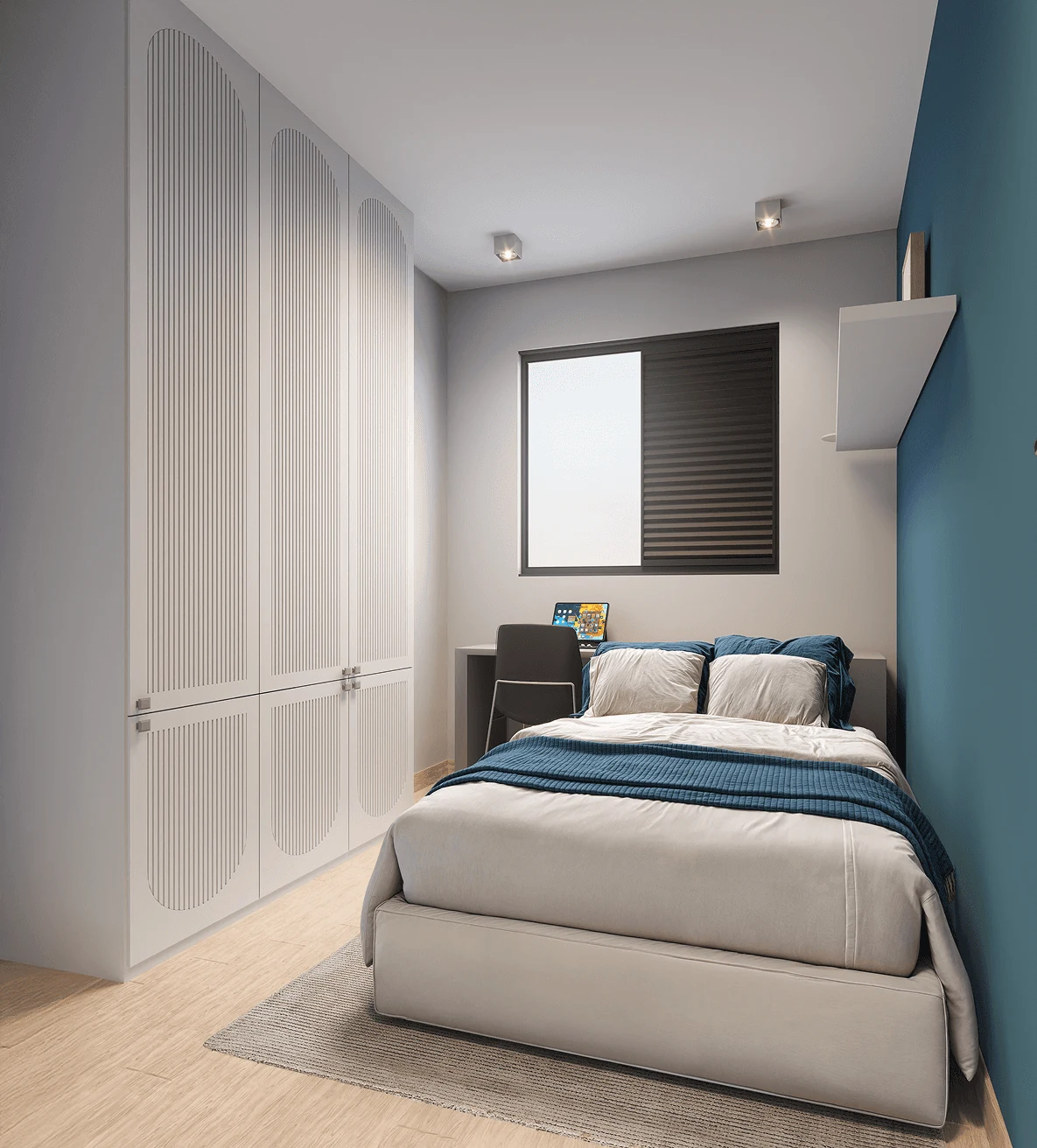 Quarto com estudo integrado e parede azul petróleo no Lumme.