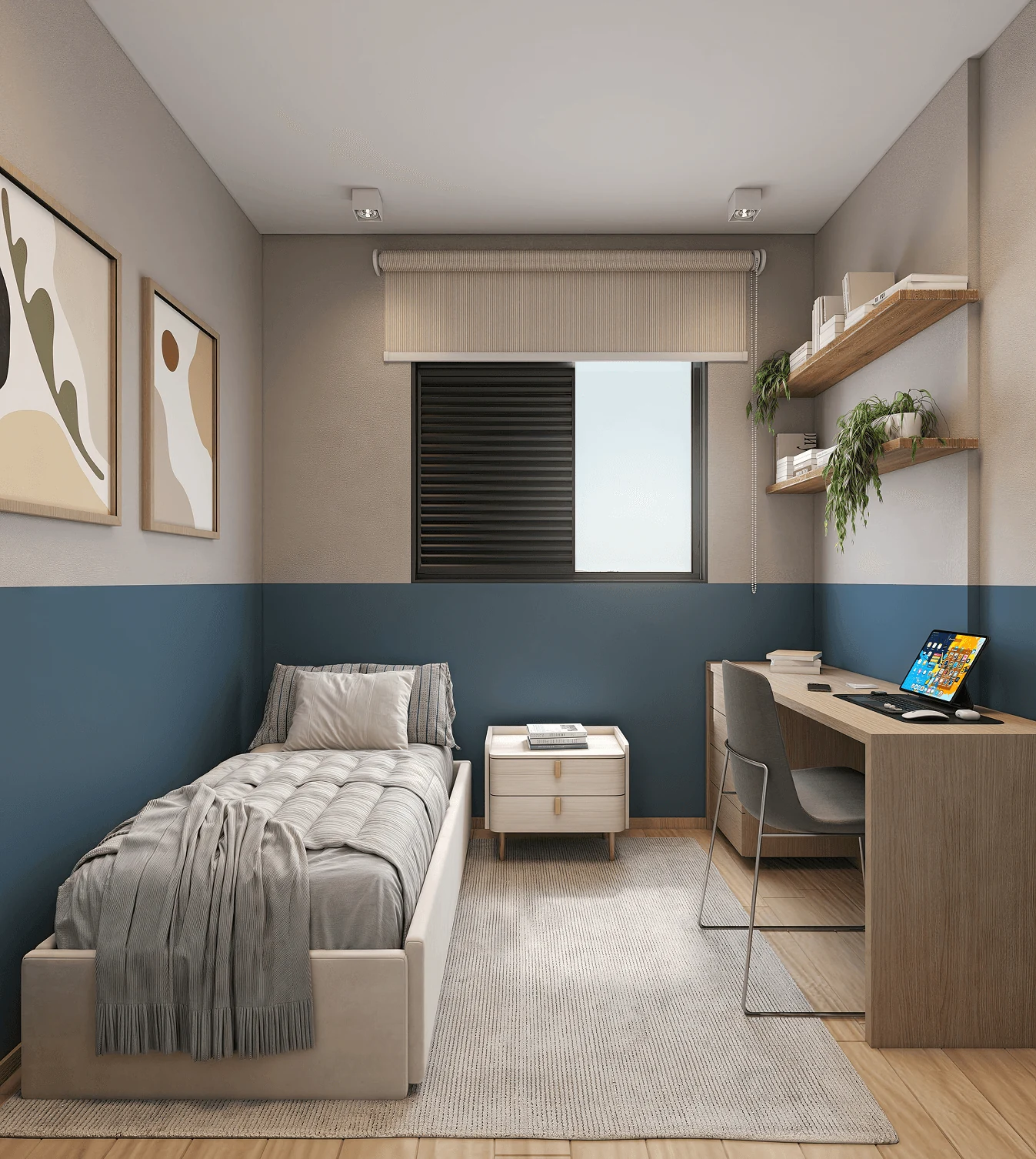 Quarto com home office, parede azul e estante no Lumme Maringá.