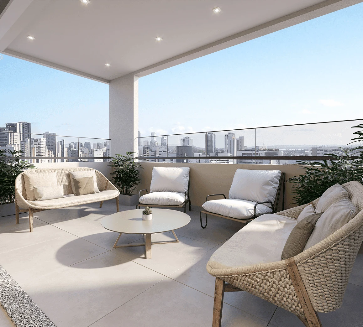 Varanda gourmet com vista da cidade no empreendimento Lumme em Maringá – PR.