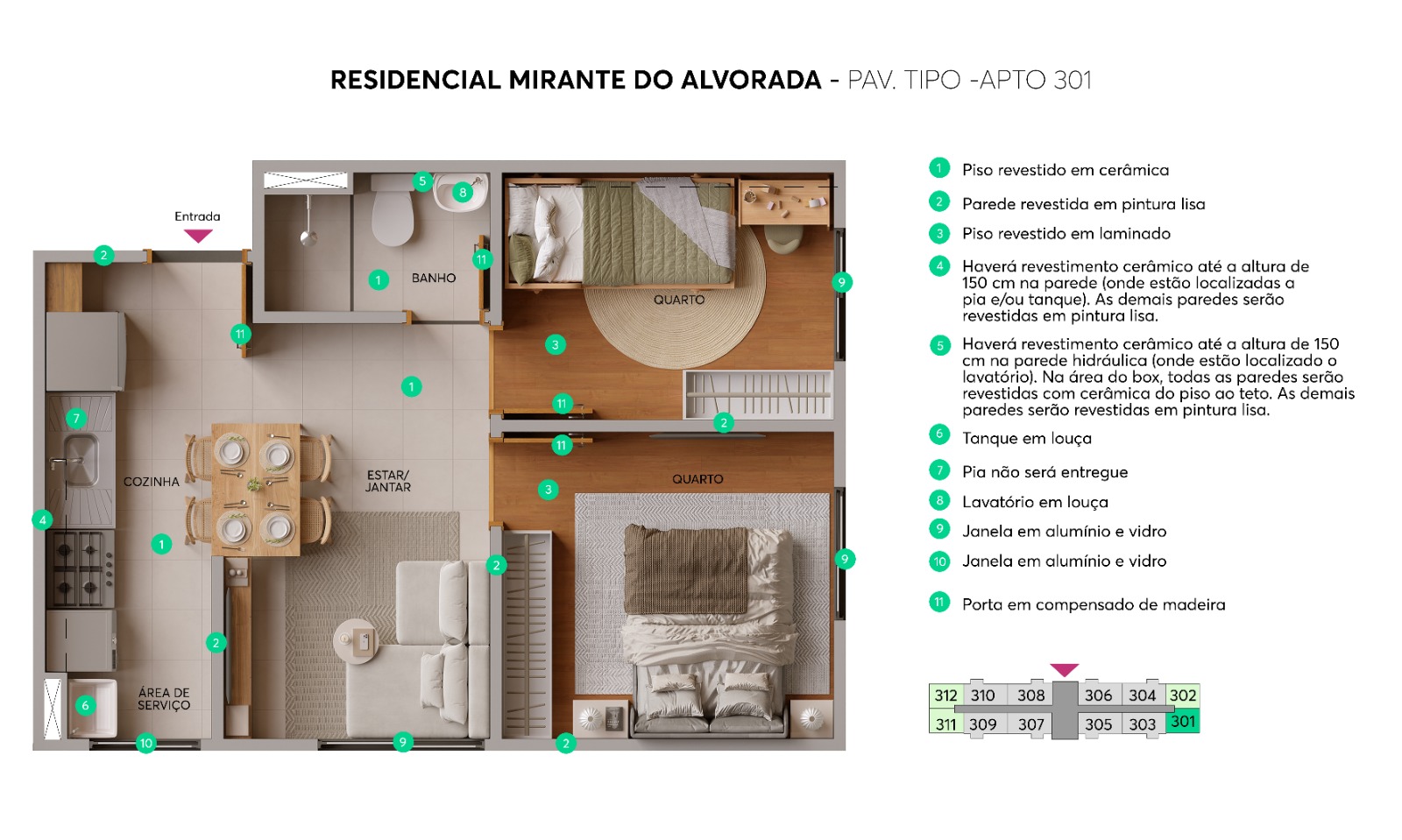 Planta apartamento 301 Mirante do Alvorada Maringá - 2 quartos pavimento tipo