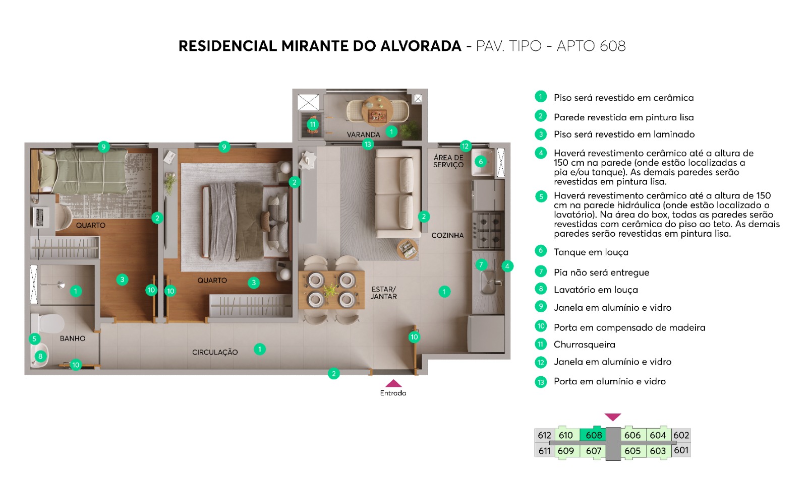 Planta apartamento 608 Mirante do Alvorada Maringá com sacada