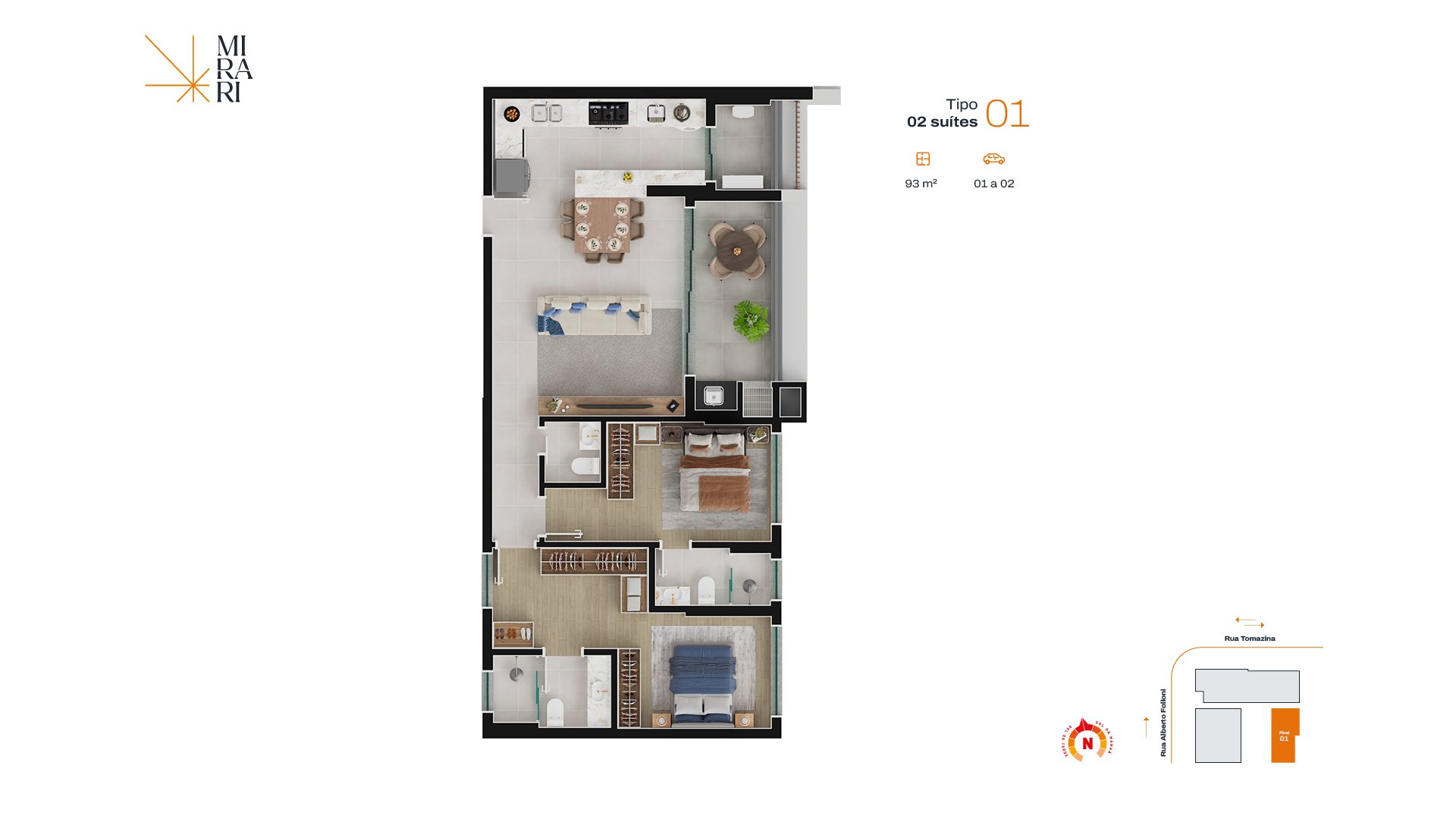 Planta Mirari 93m² 2 suítes — Tipo 01