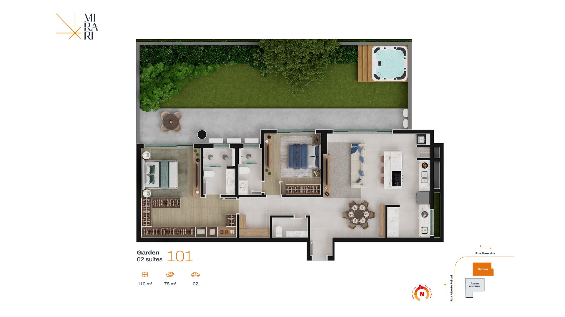 Planta Mirari Garden 101 — 110m² + 78m² garden privativo