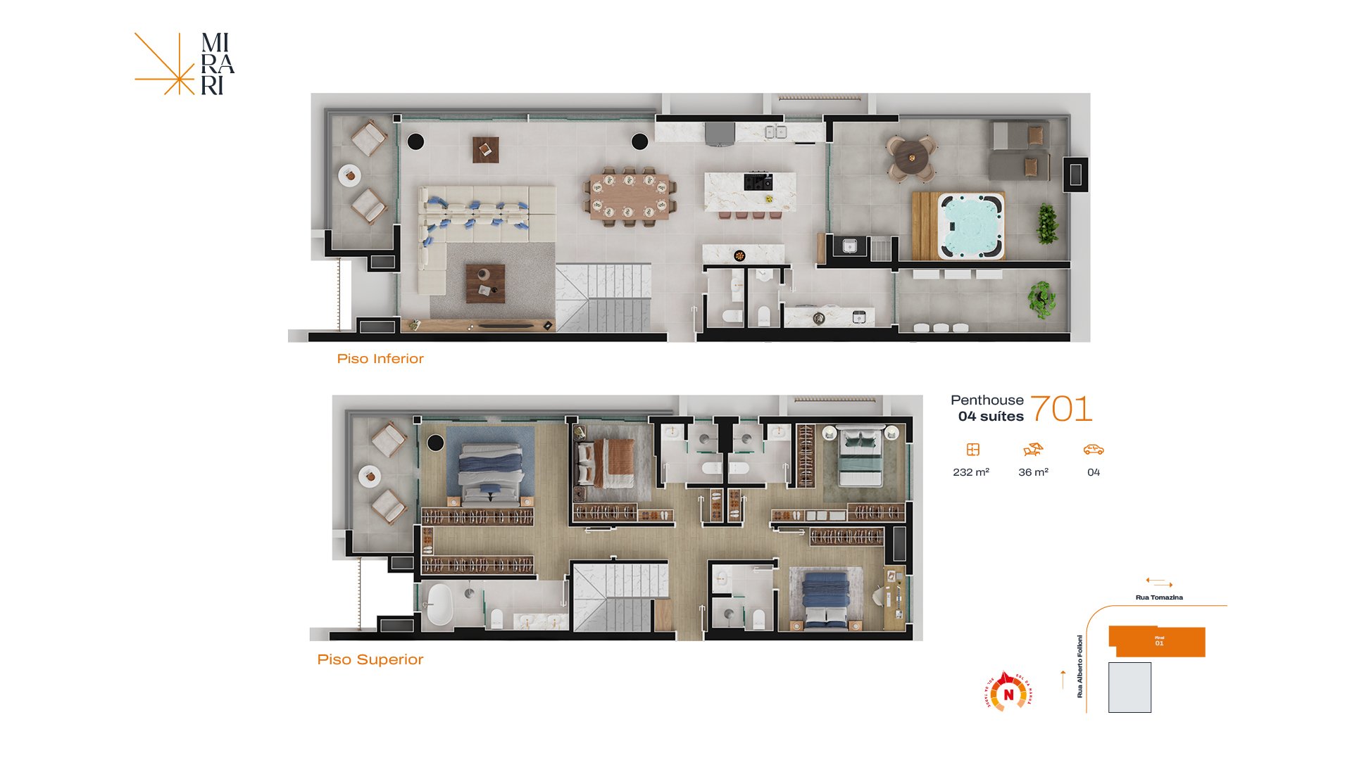Planta Cobertura Penthouse 701 Mirari — 232m² 4 suítes duplex