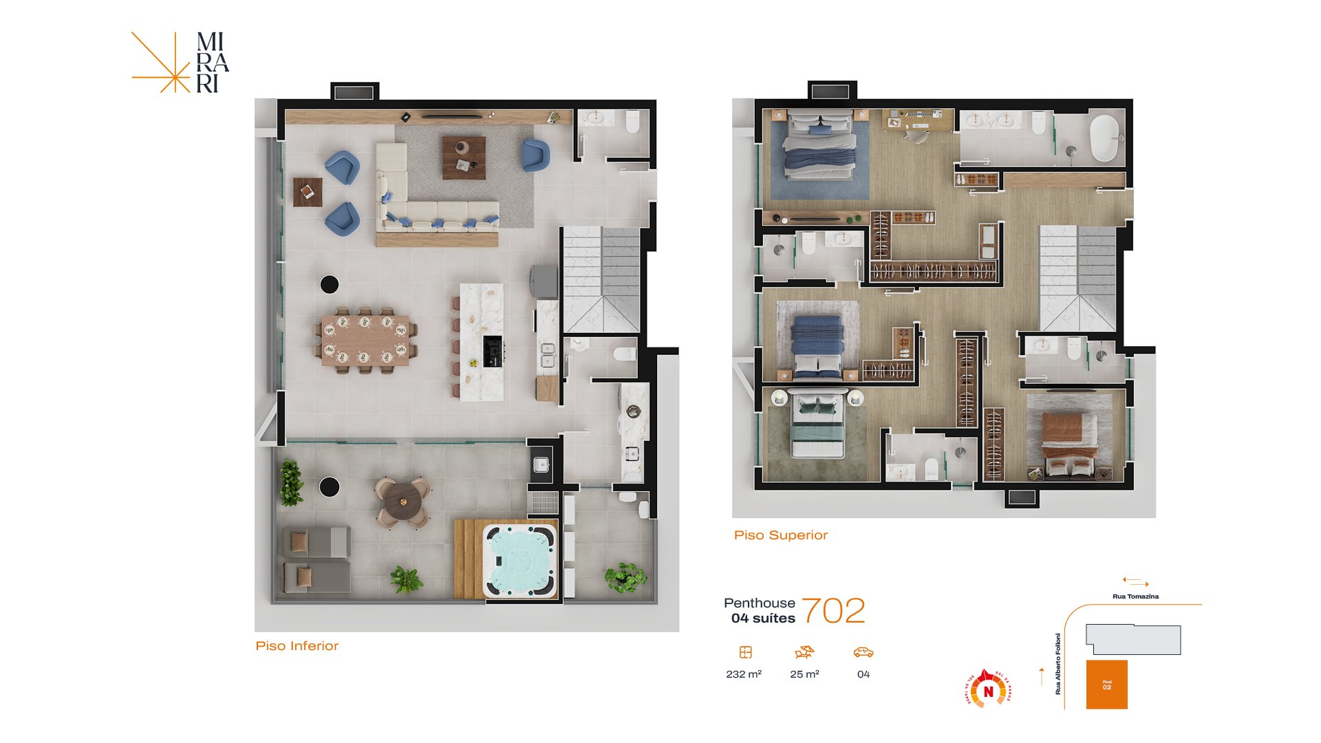 Planta Cobertura Penthouse 702 Mirari — 232m² 4 suítes duplex