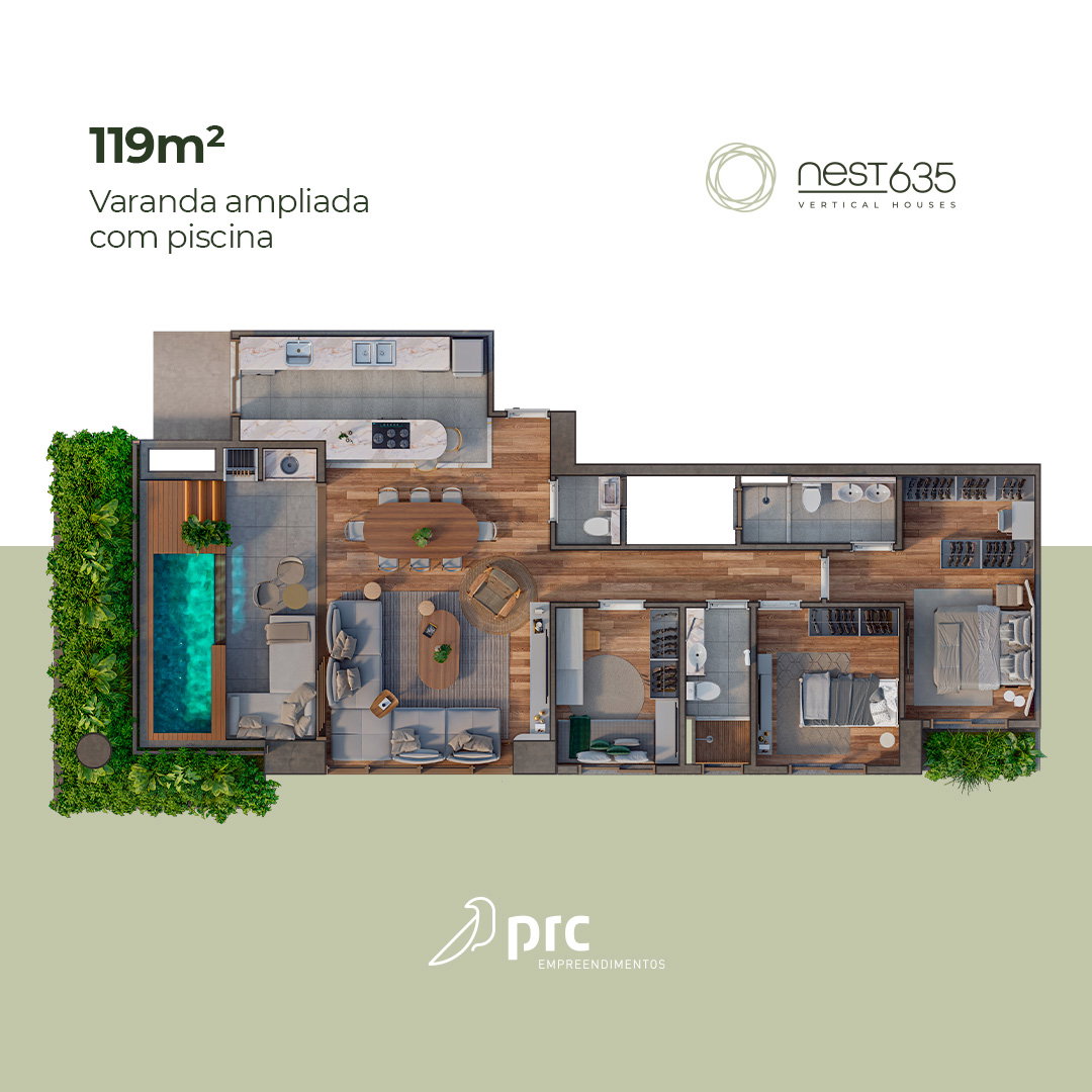 Planta 119m² Nest 635 com varanda ampliada e piscina privativa