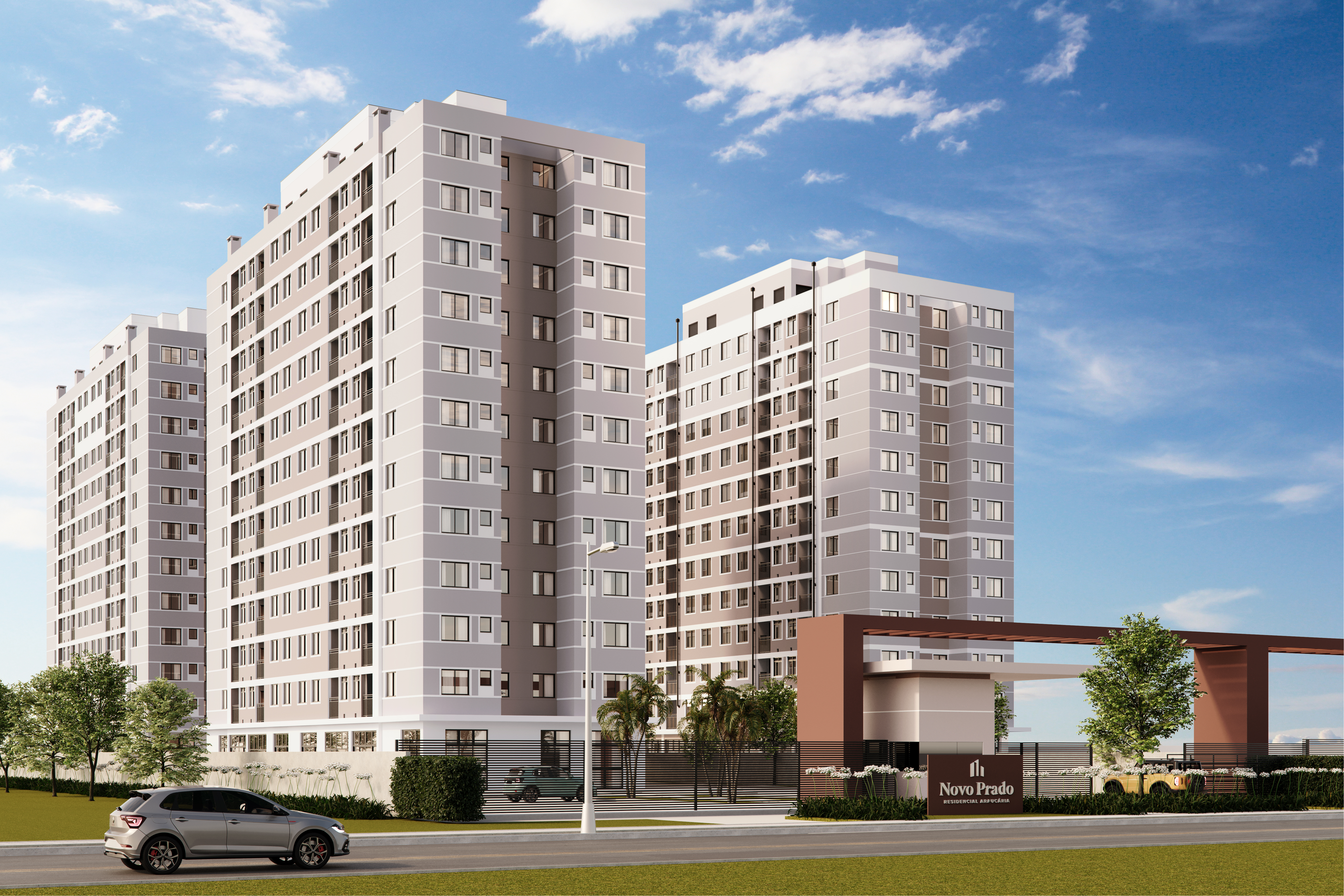 Fachada diurna do Novo Prado Residencial Araucária em Araucária PR