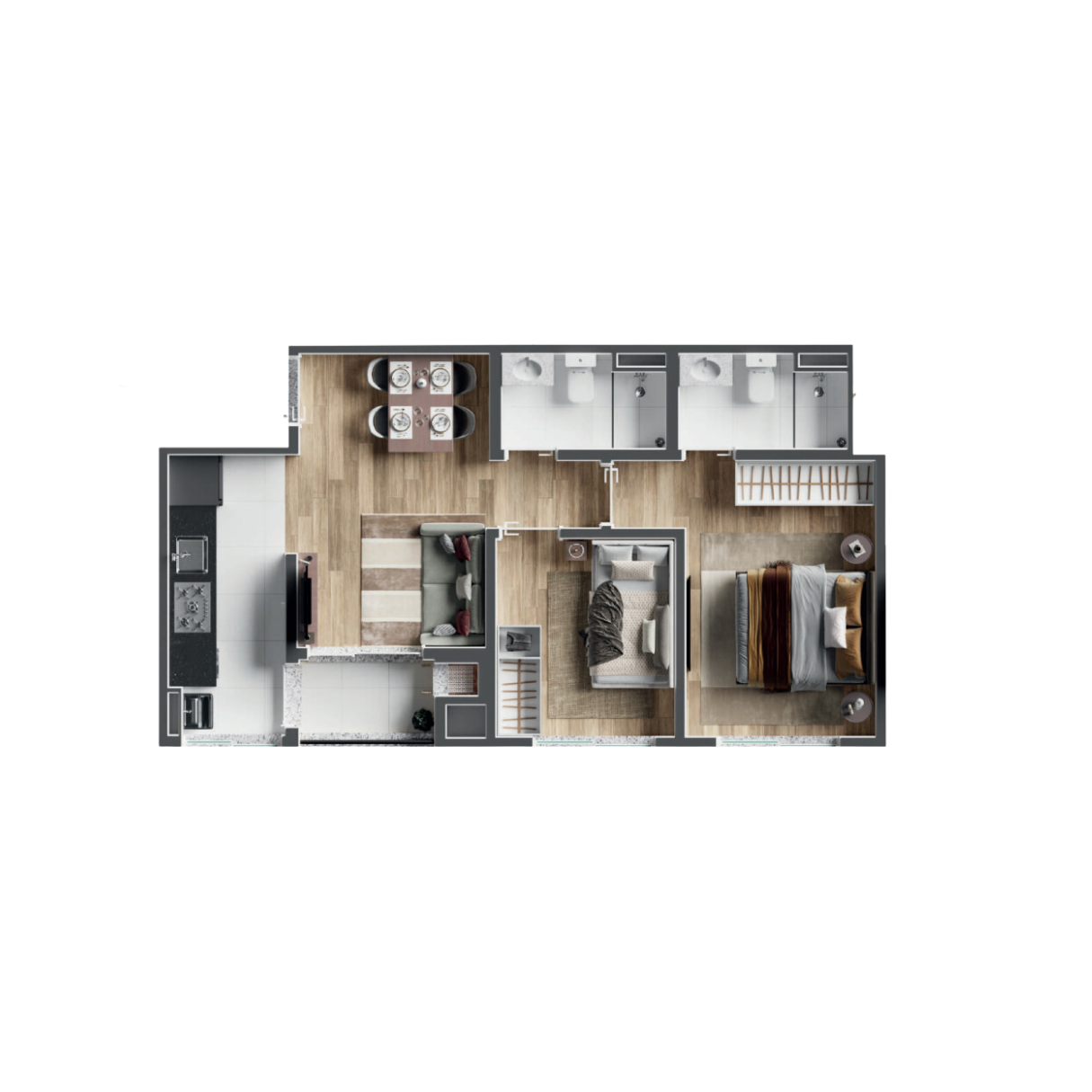 Planta apartamento 2 quartos Novo Prado Araucária 46m2 com suíte