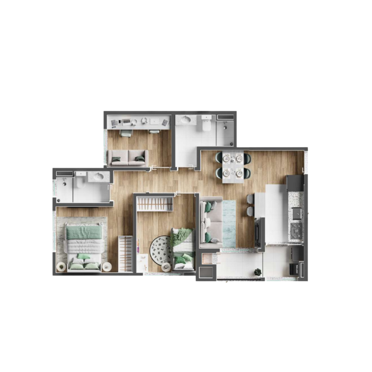 Planta apartamento 3 quartos Novo Prado Araucária 56m2 com suíte