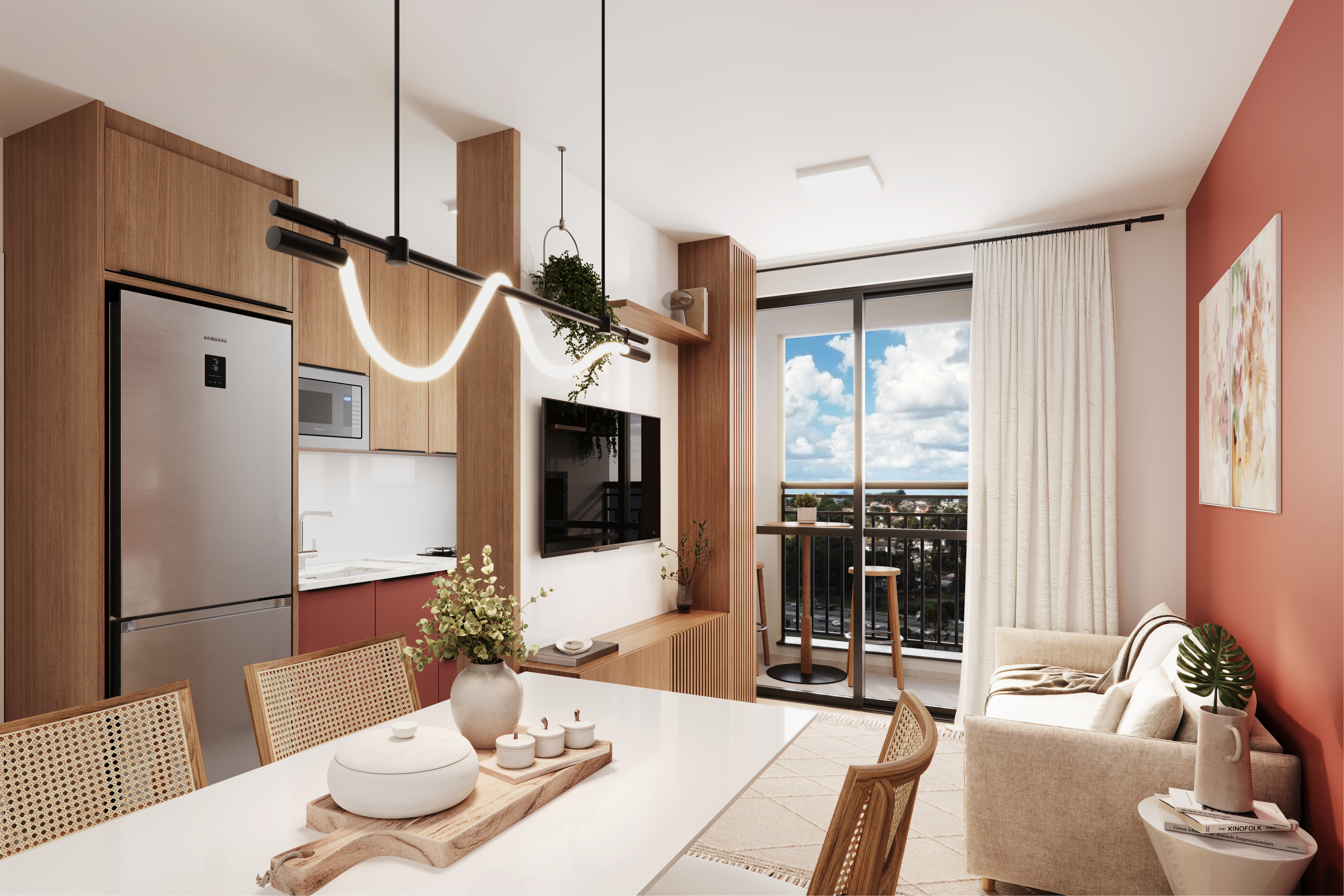 Sala cozinha integrada apartamento Novo Prado Araucária
