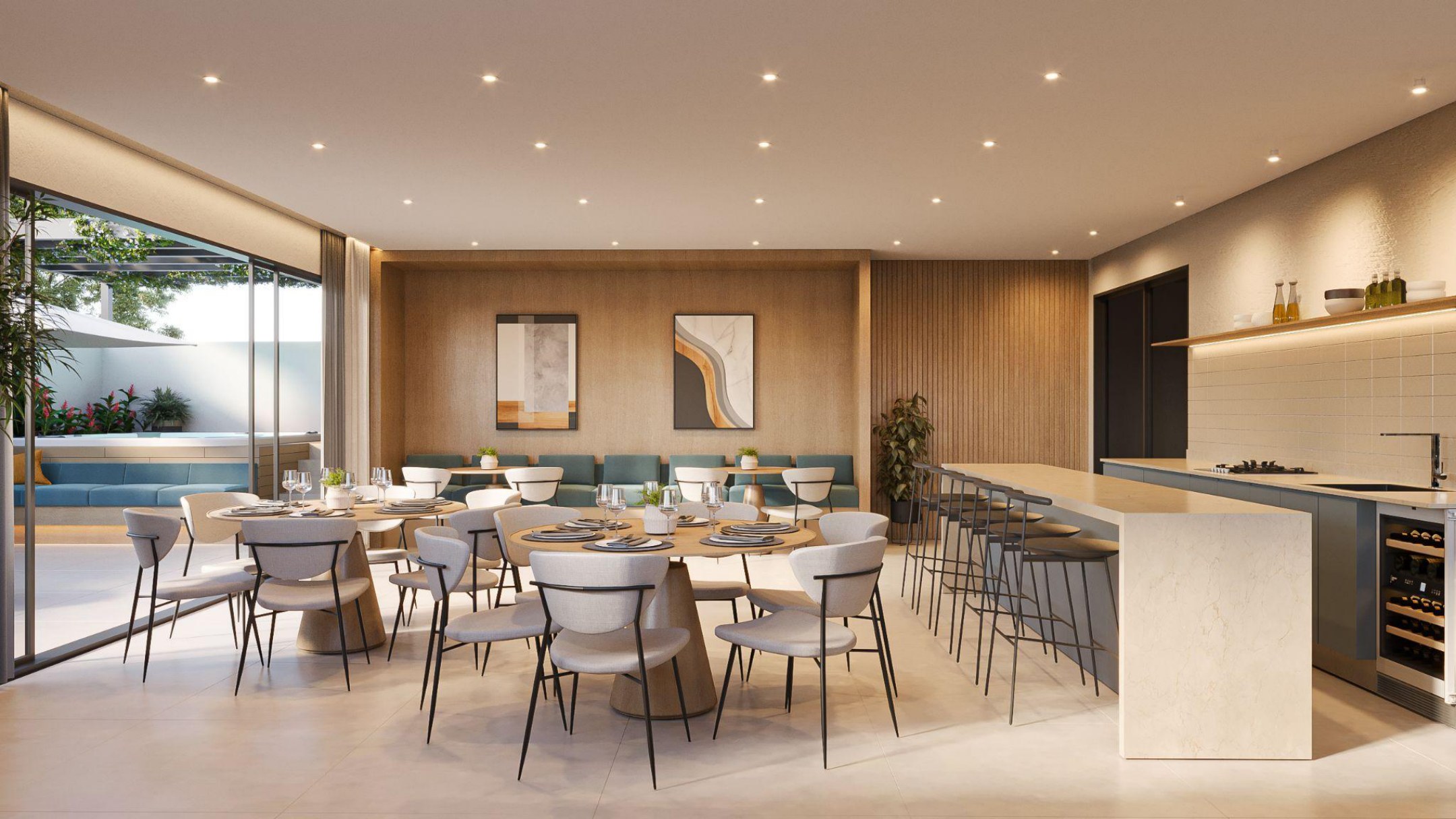 Salão gourmet integrado com piscina do NURA Maringá