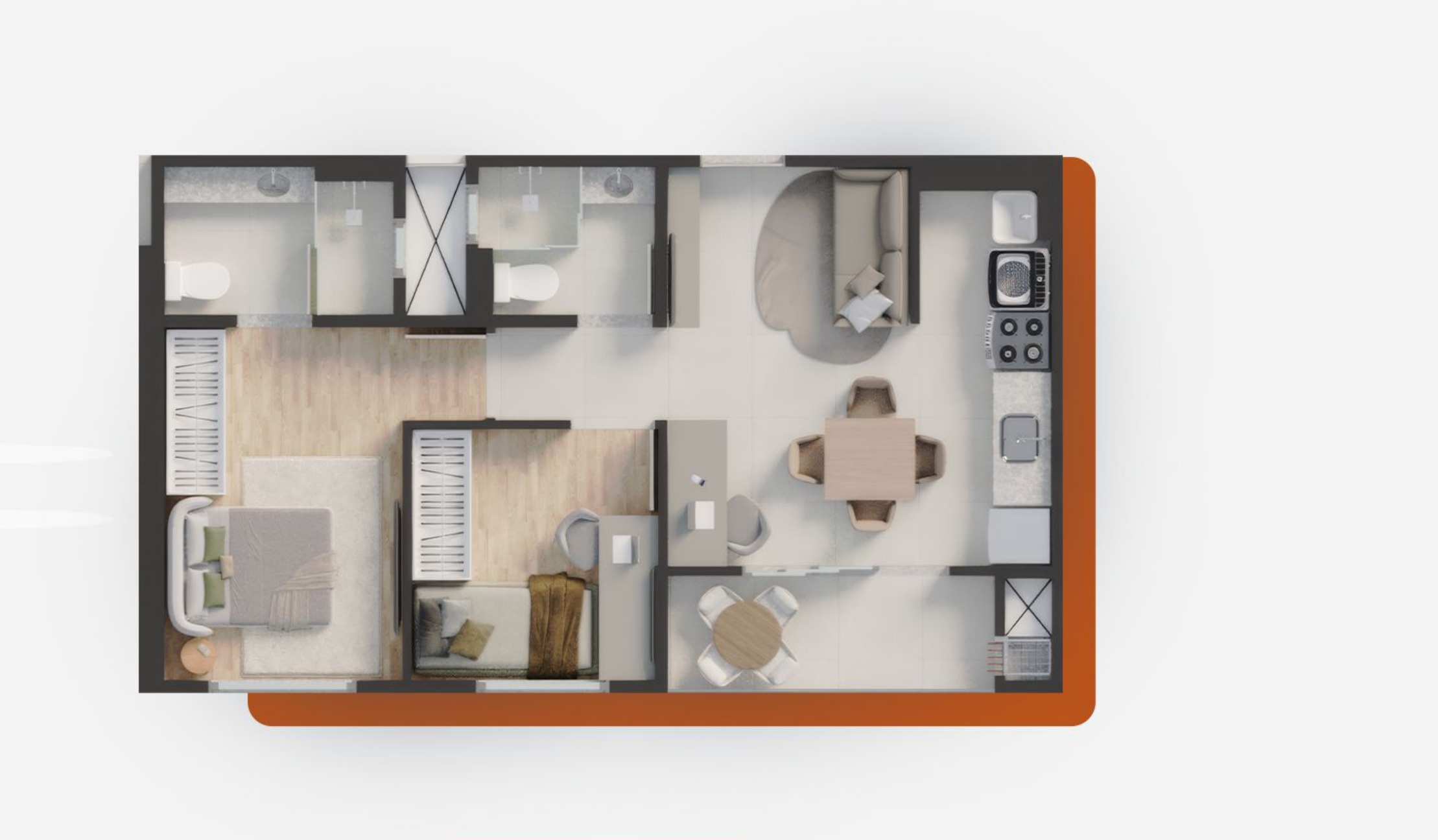 Planta baixa NURA 48,96m² 1 suíte mais 1 quarto