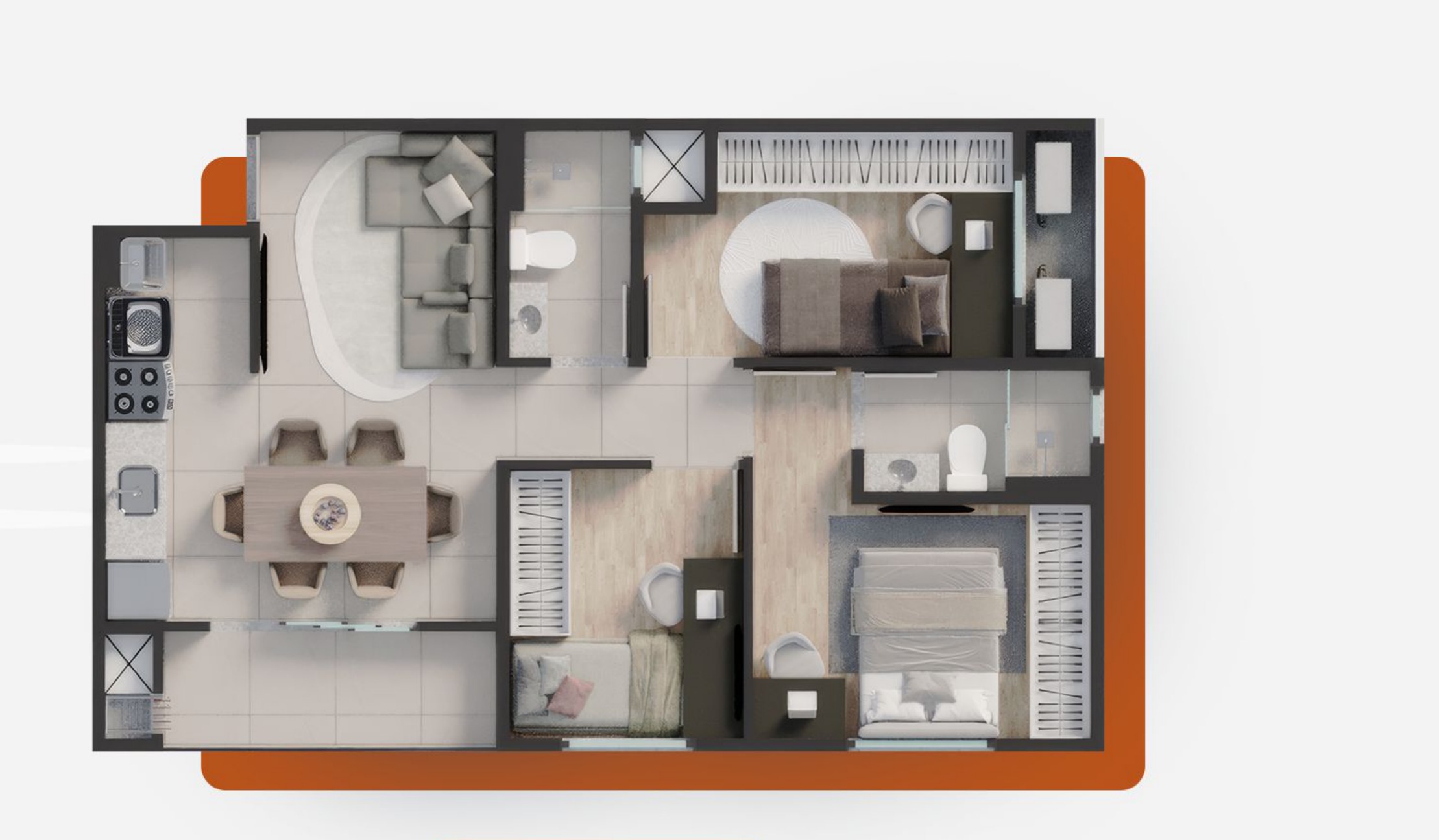 Planta baixa NURA 59,99m² sacada aberta 1 suíte mais 2 quartos