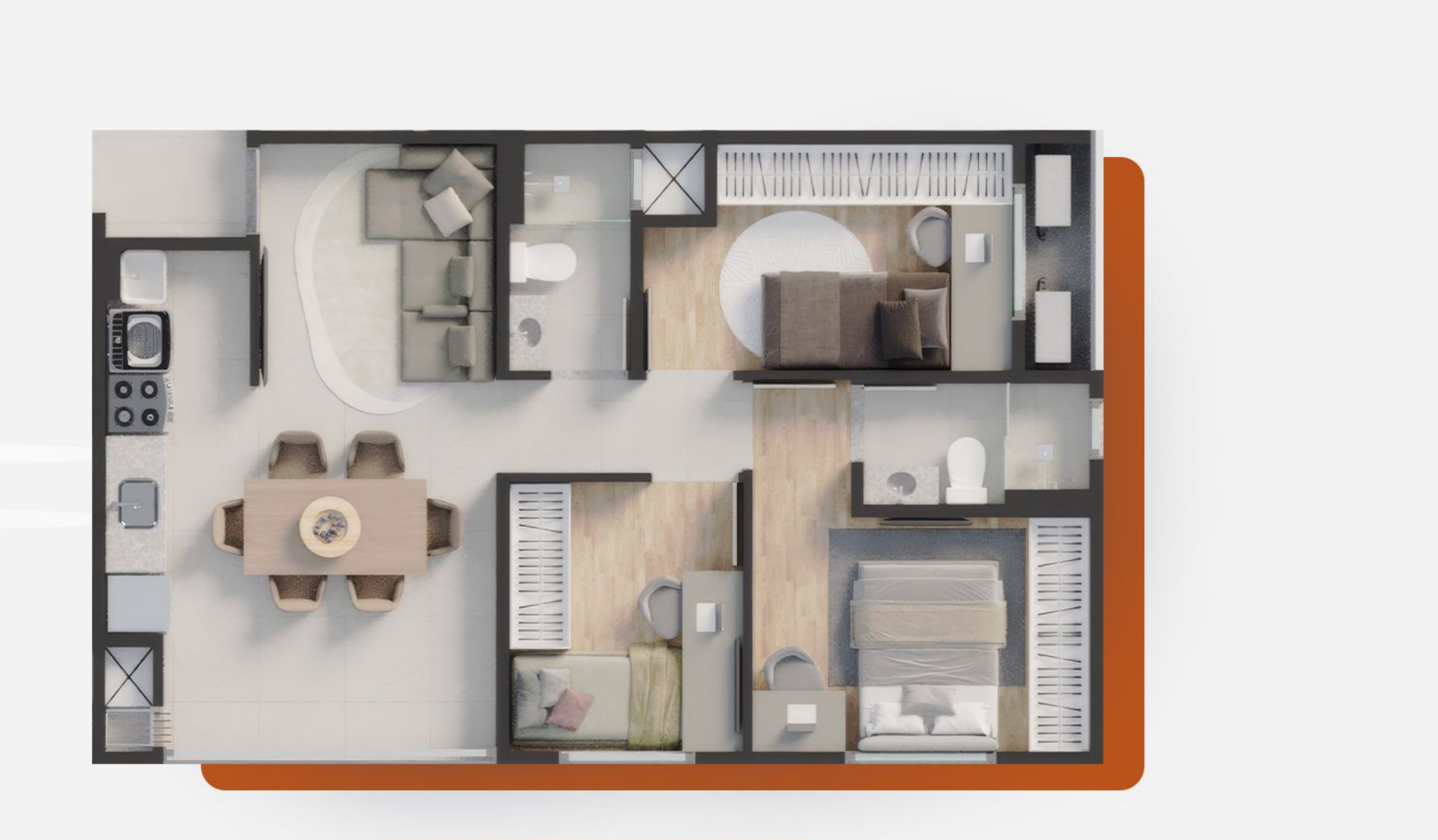 Planta baixa NURA 59,99m² sacada fechada com vidro retrátil