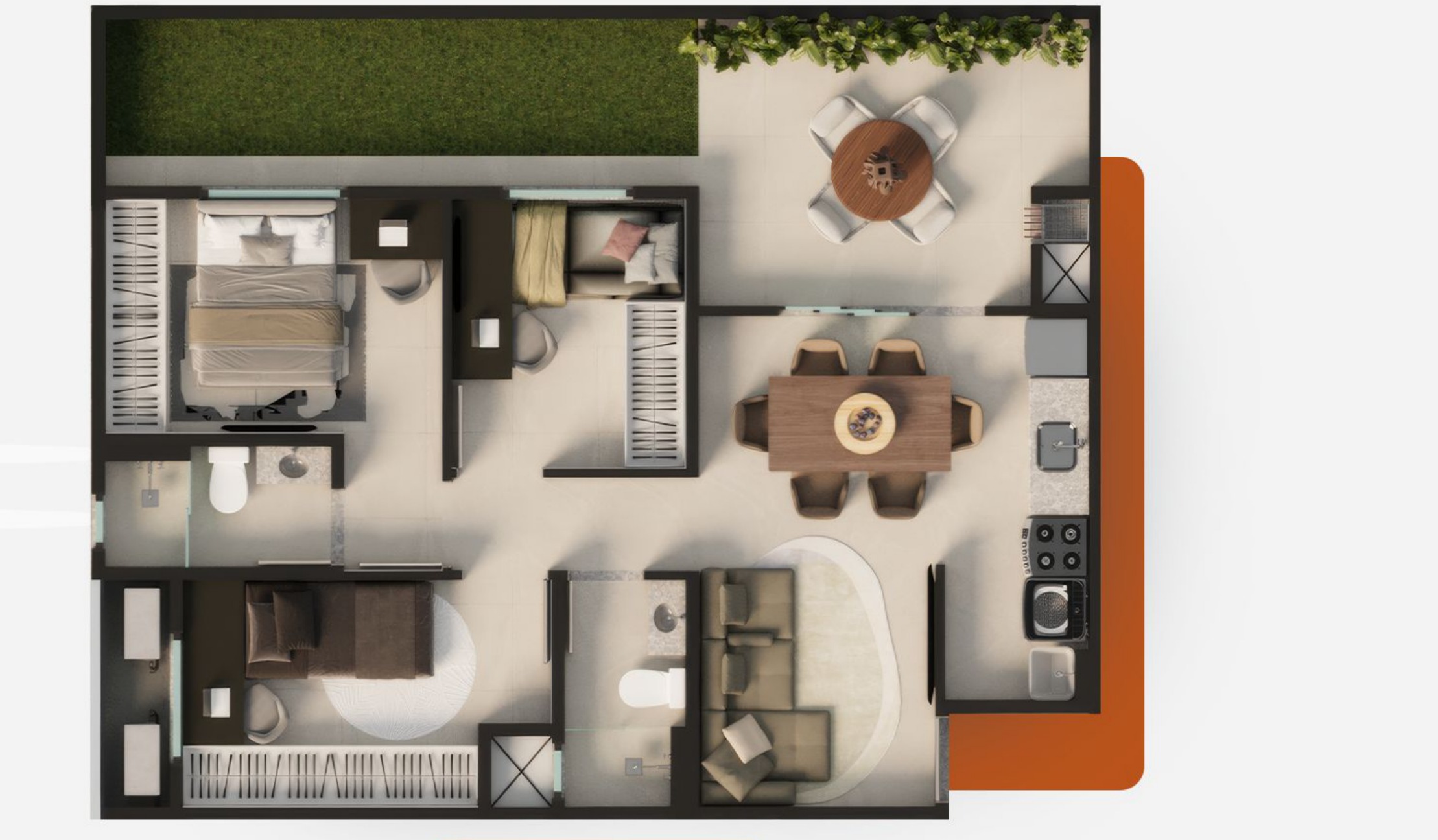 Planta baixa NURA Garden 77,96m² térreo com jardim privativo