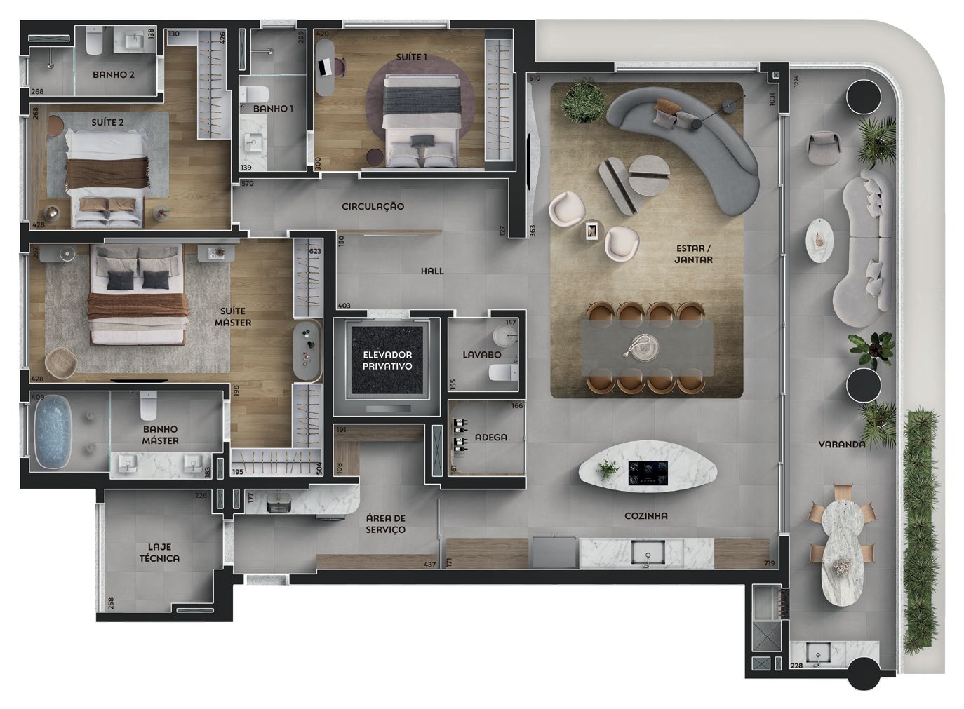 Planta Tipo A do Paseo Ingá em Maringá — 218m² com 3 suítes e cozinha integrada com ilha