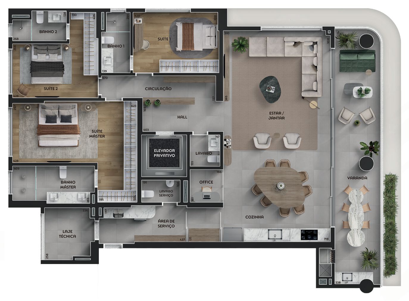Planta Tipo B do Paseo Ingá em Maringá — 218m² com 3 suítes, cozinha integrada e office