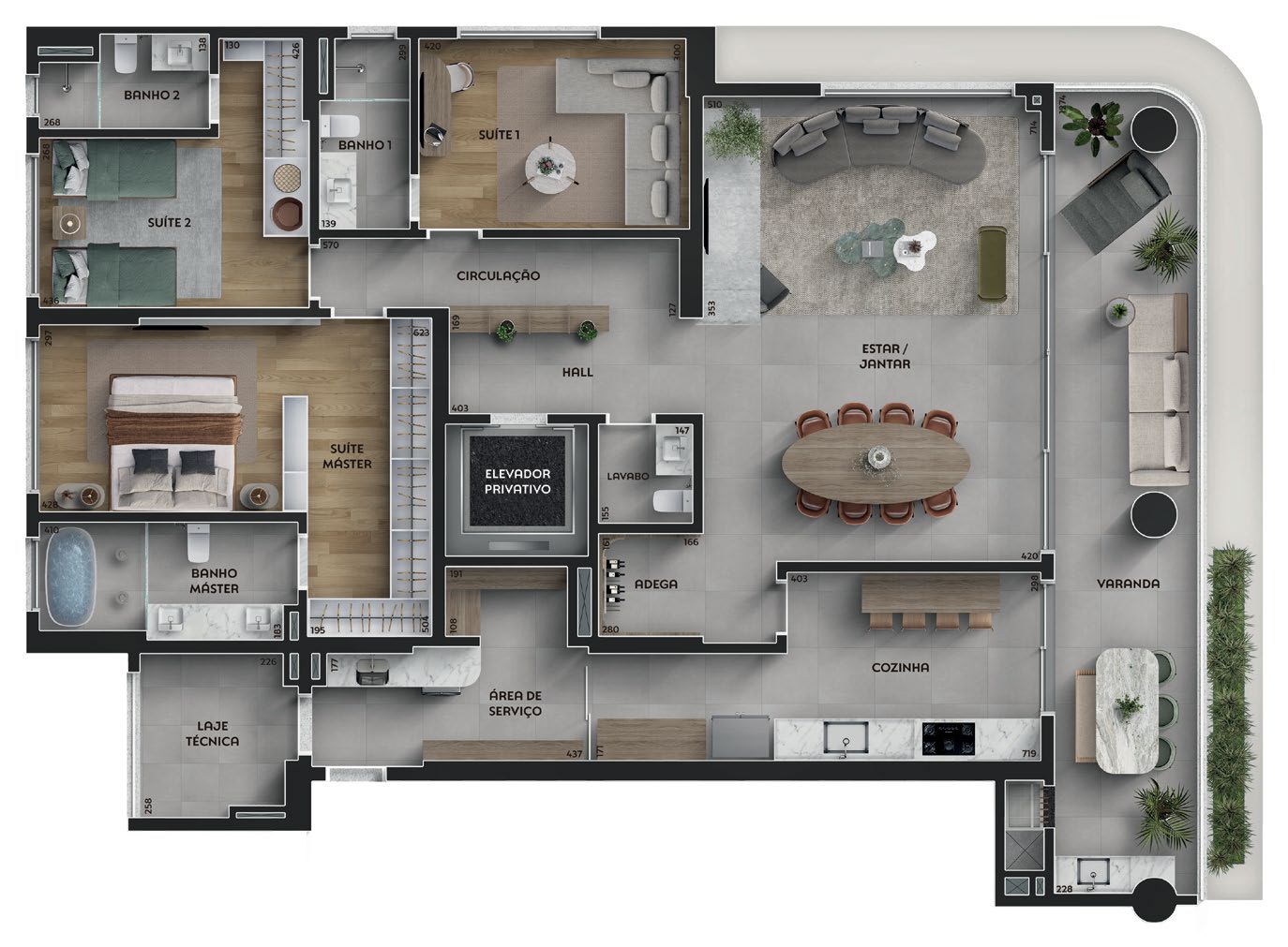 Planta Tipo C do Paseo Ingá em Maringá — 218m² com 3 suítes, cozinha fechada e adega