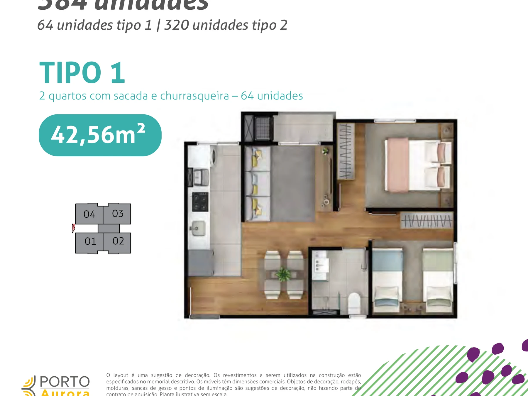 Planta Tipo 1 do Porto Aurora — 42,56m² com 2 quartos, sacada e churrasqueira