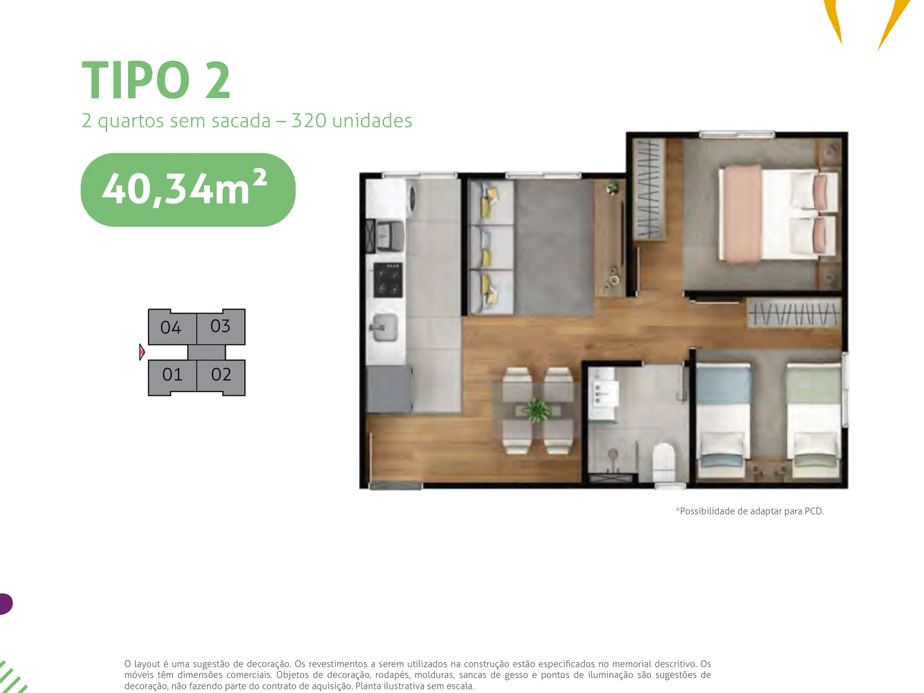 Planta Tipo 2 do Porto Aurora — 40,34m² com 2 quartos
