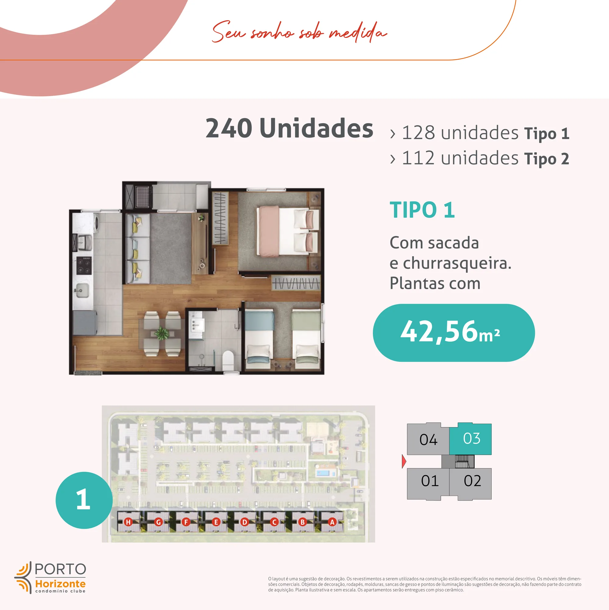 Planta baixa Tipo 1 — Porto Horizonte 42,56m² com sacada e churrasqueira
