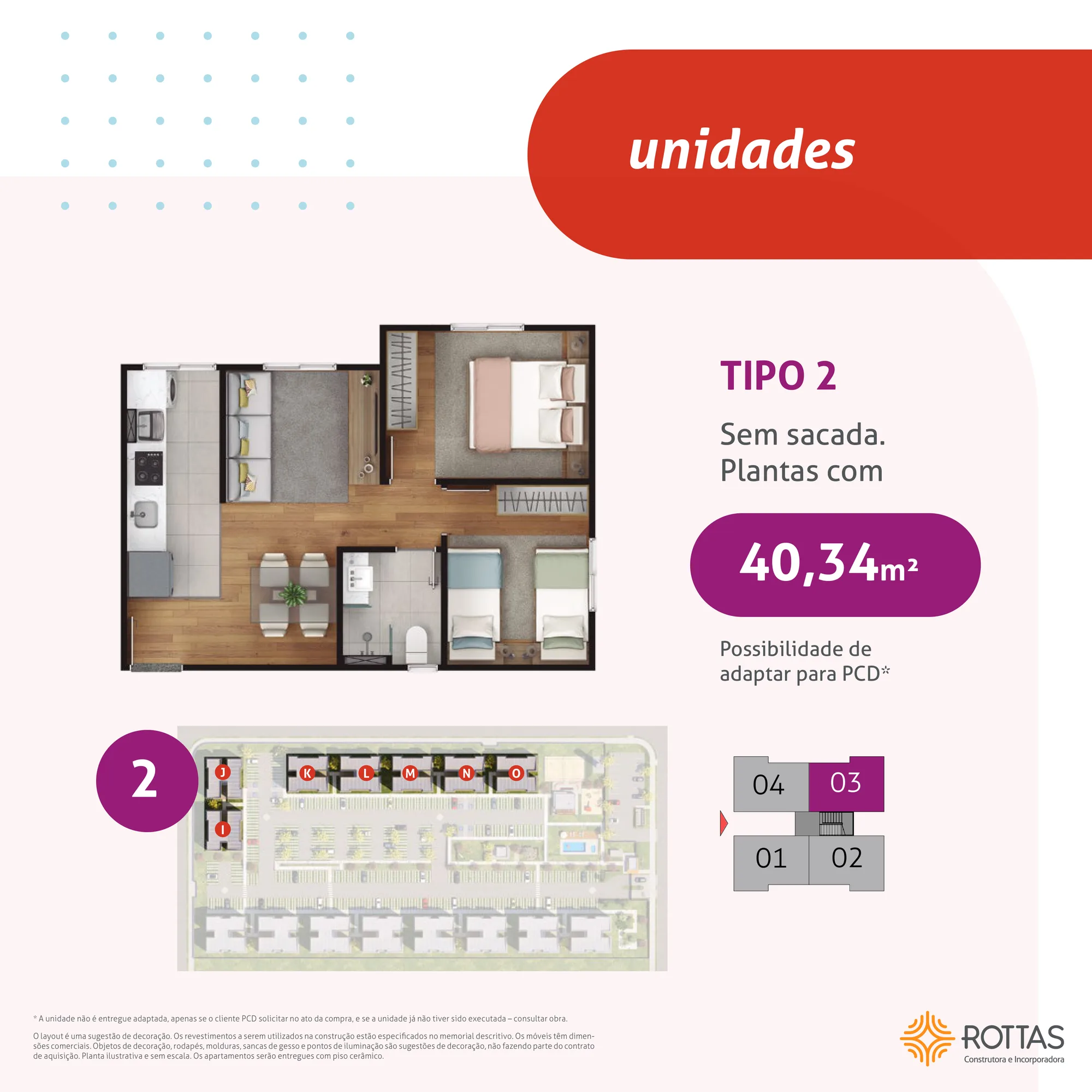 Planta baixa Tipo 2 — Porto Horizonte 40,34m² com adaptação PCD
