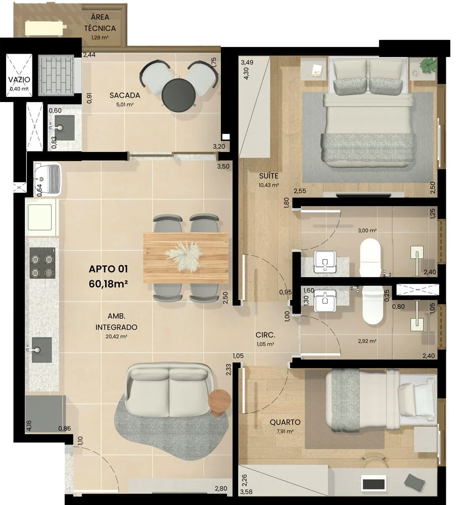 Planta completa do Apto 01 do Residencial Baobá (60,18 m²)
