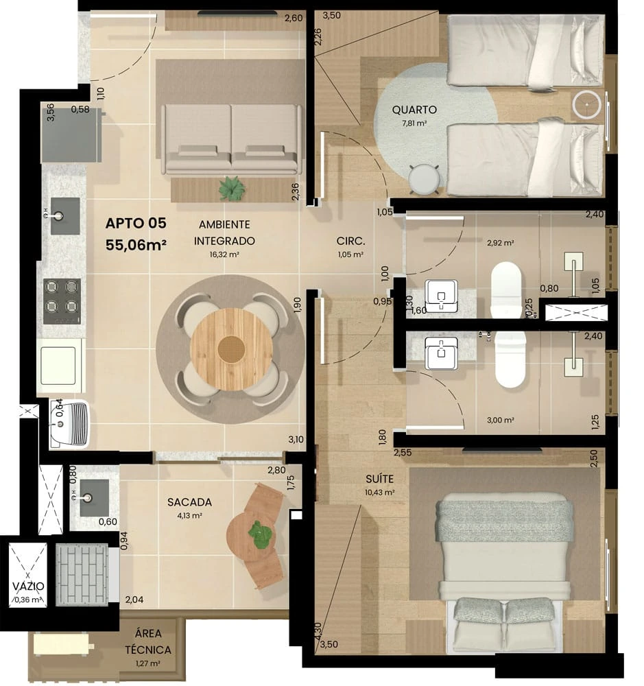 Planta completa do Apto 05 do Residencial Baobá (55,05 m²)