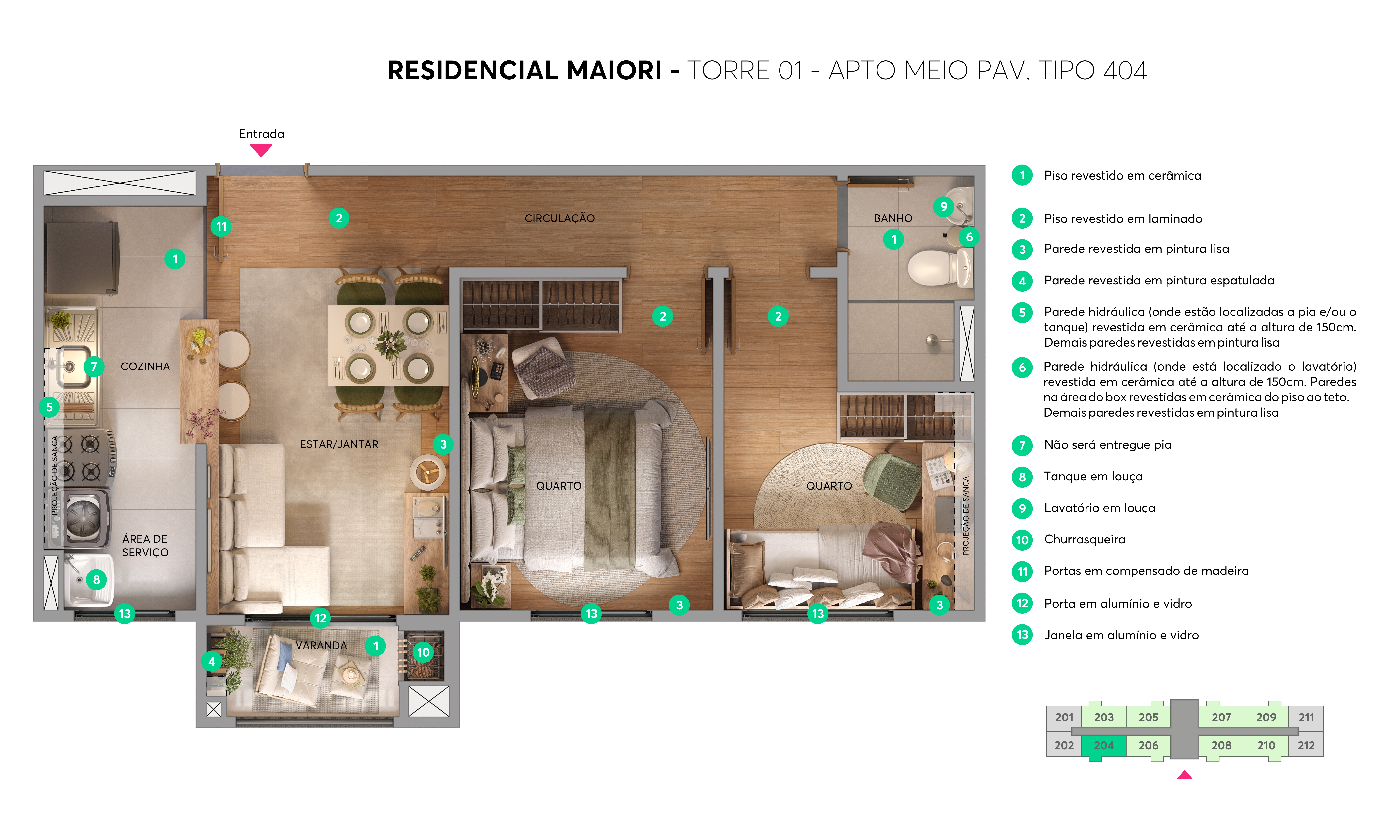 Planta apartamento Maiori com sacada e churrasqueira — 2 quartos