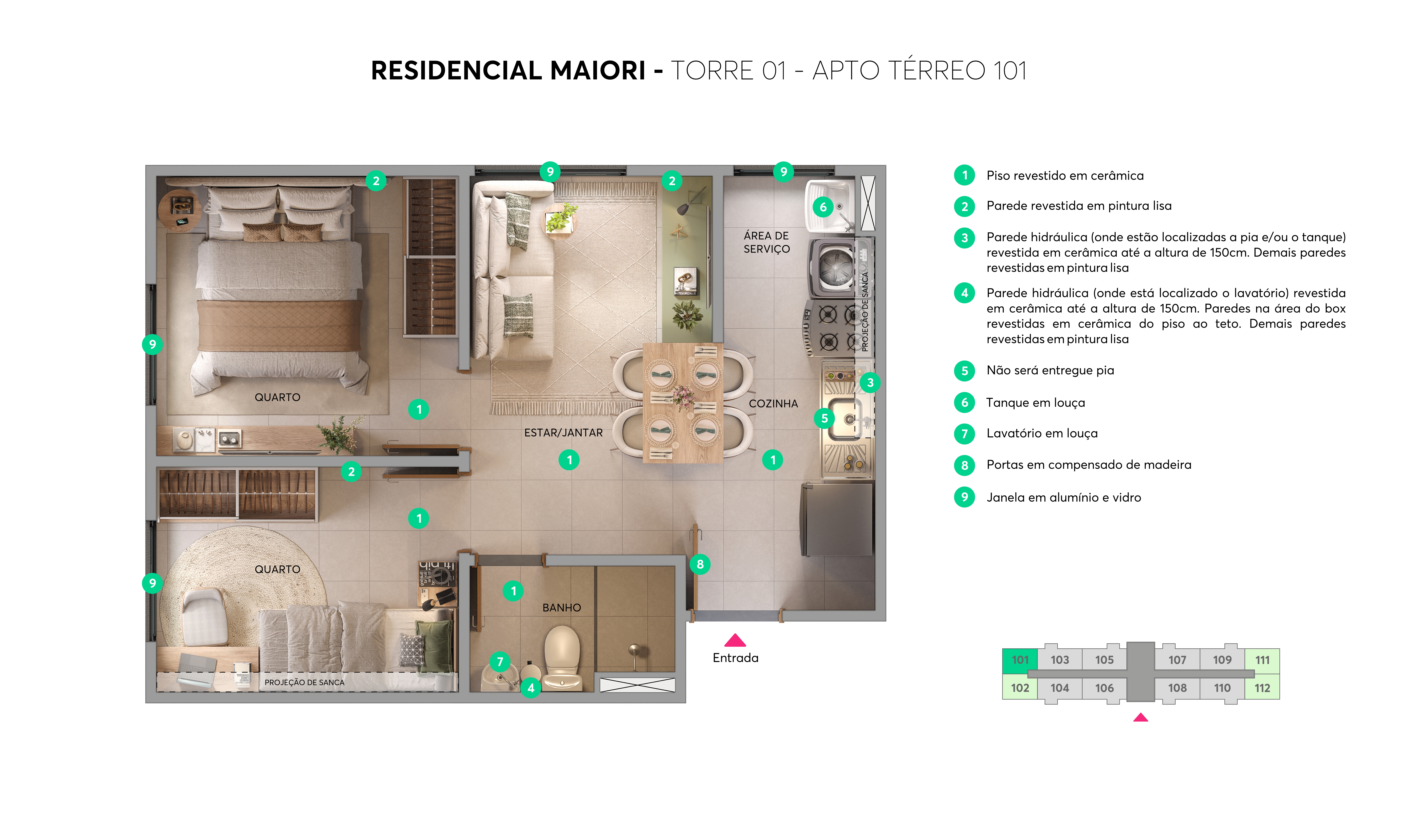 Planta apartamento térreo Residencial Maiori — 2 quartos