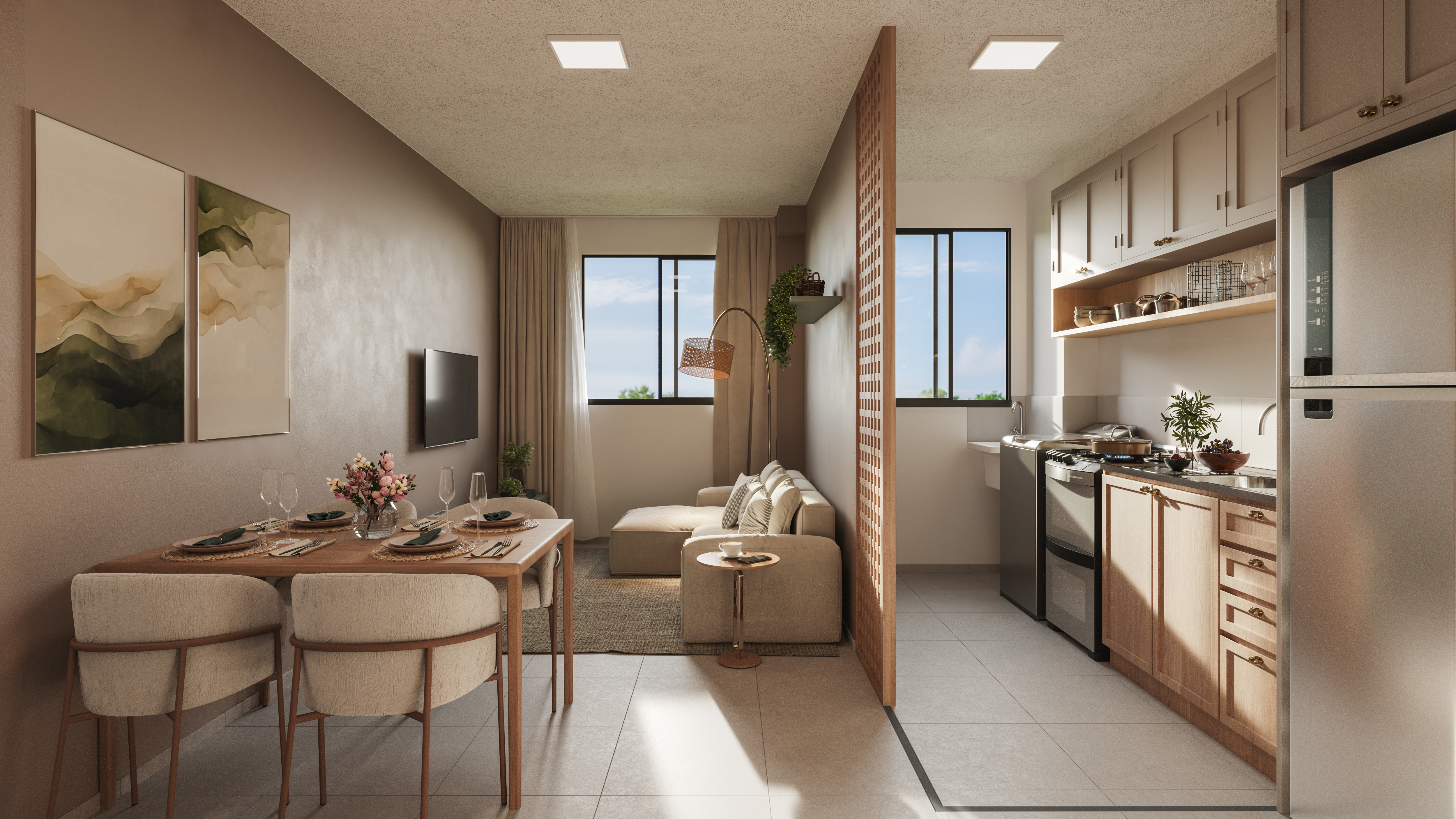 Sala e cozinha integrada apartamento Maiori Maringá
