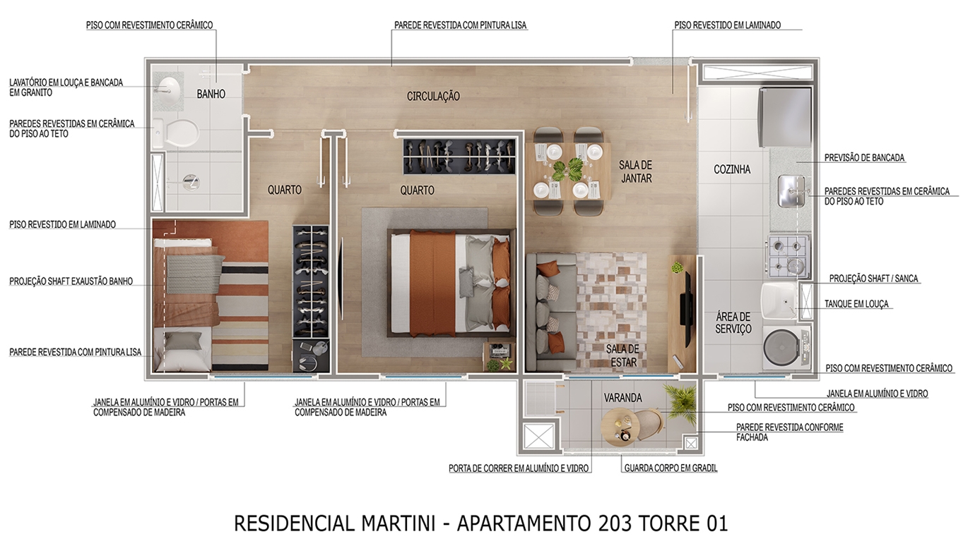Planta baixa Apartamento 203 Torre 01 Residencial Martini com varanda – Maringá
