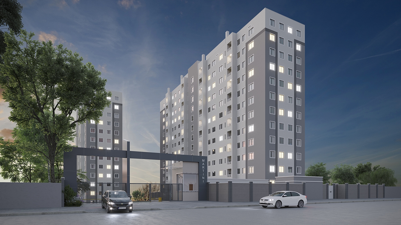 Fachada do Residencial Martini MRV em Maringá – região do Parque do Japão ao entardecer