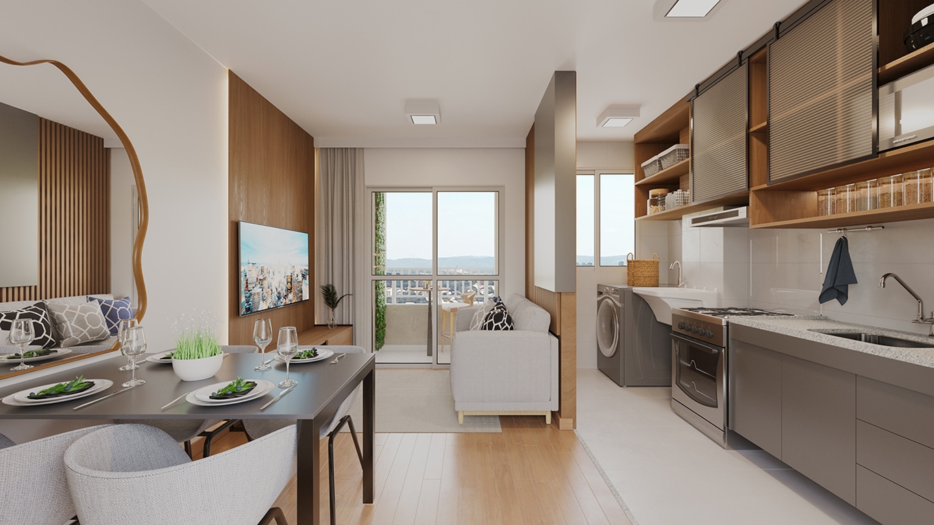 Sala e cozinha integradas do apartamento Residencial Martini Maringá