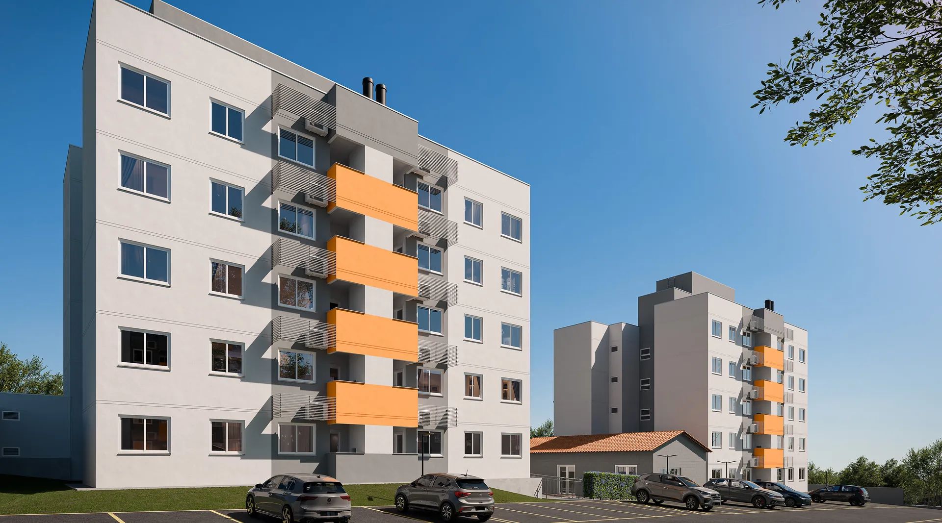 Fachada do Residencial Paulista com varandas laranja, torres de 5 pavimentos no Jardim Paulista, Maringá