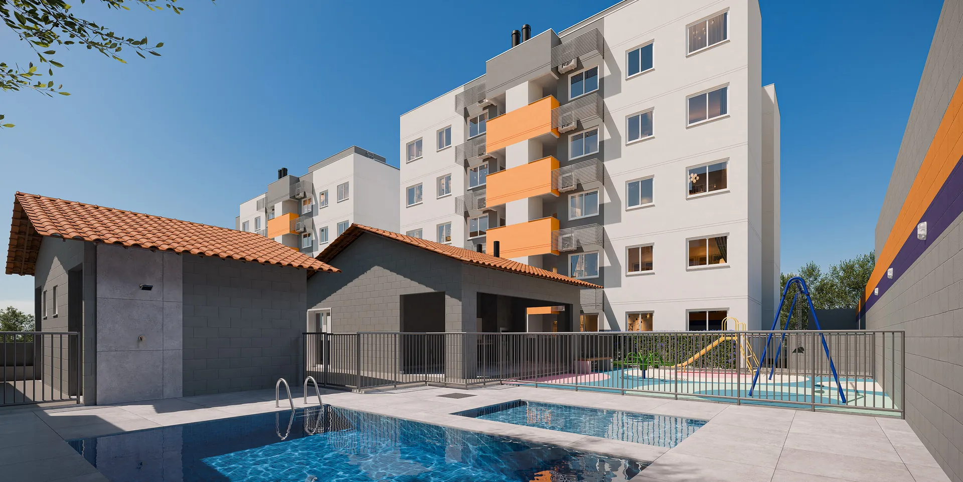 Piscinas adulto e infantil do Residencial Paulista em Maringá com torres ao fundo